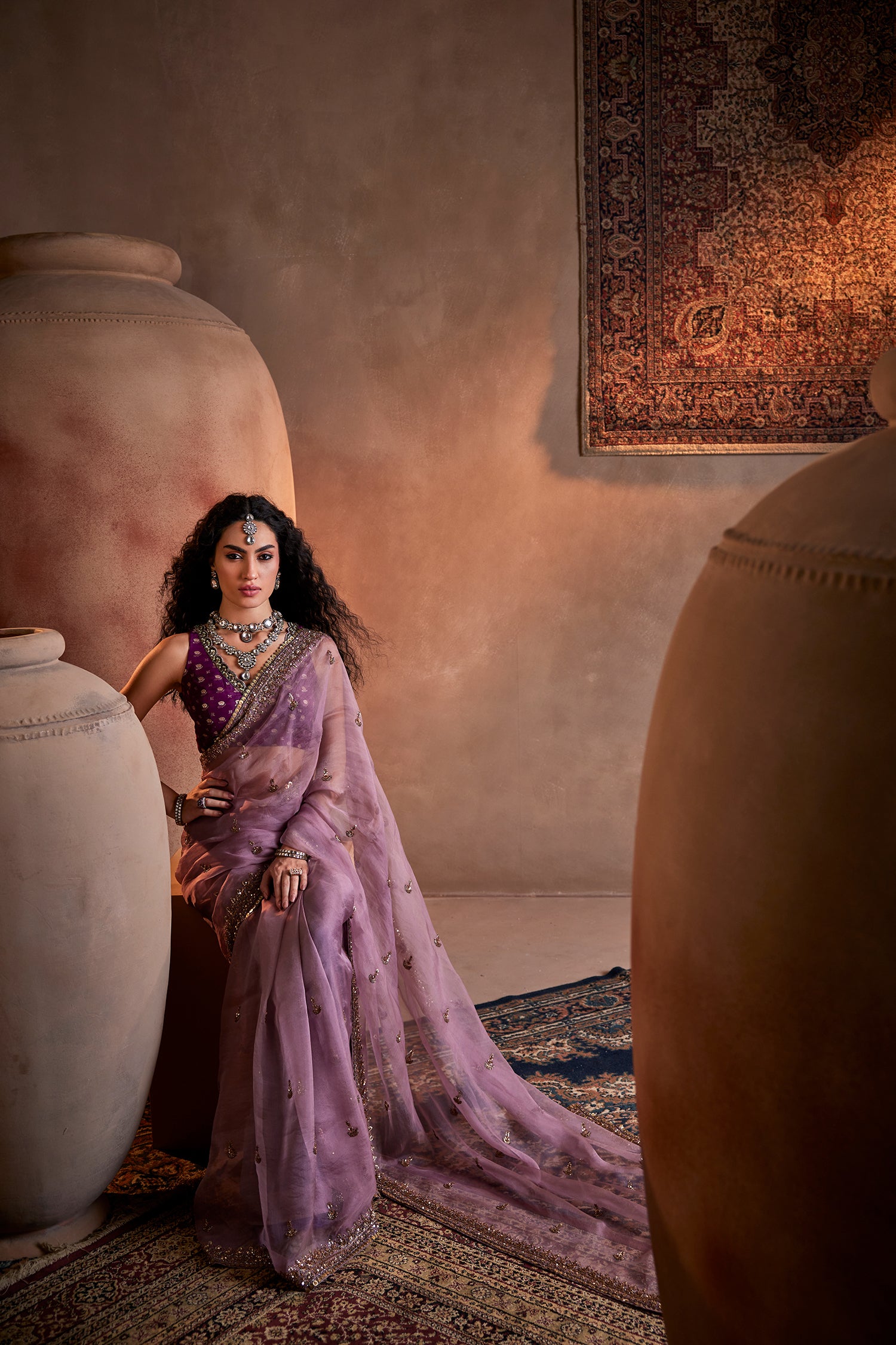 Purple Hand Embroidered Organza Saree