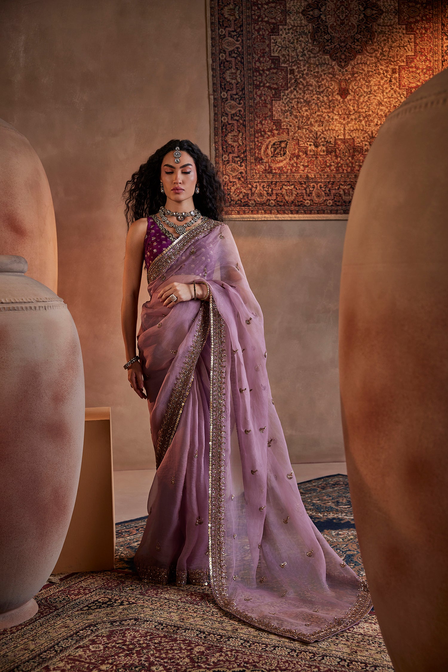 Purple Hand Embroidered Organza Saree