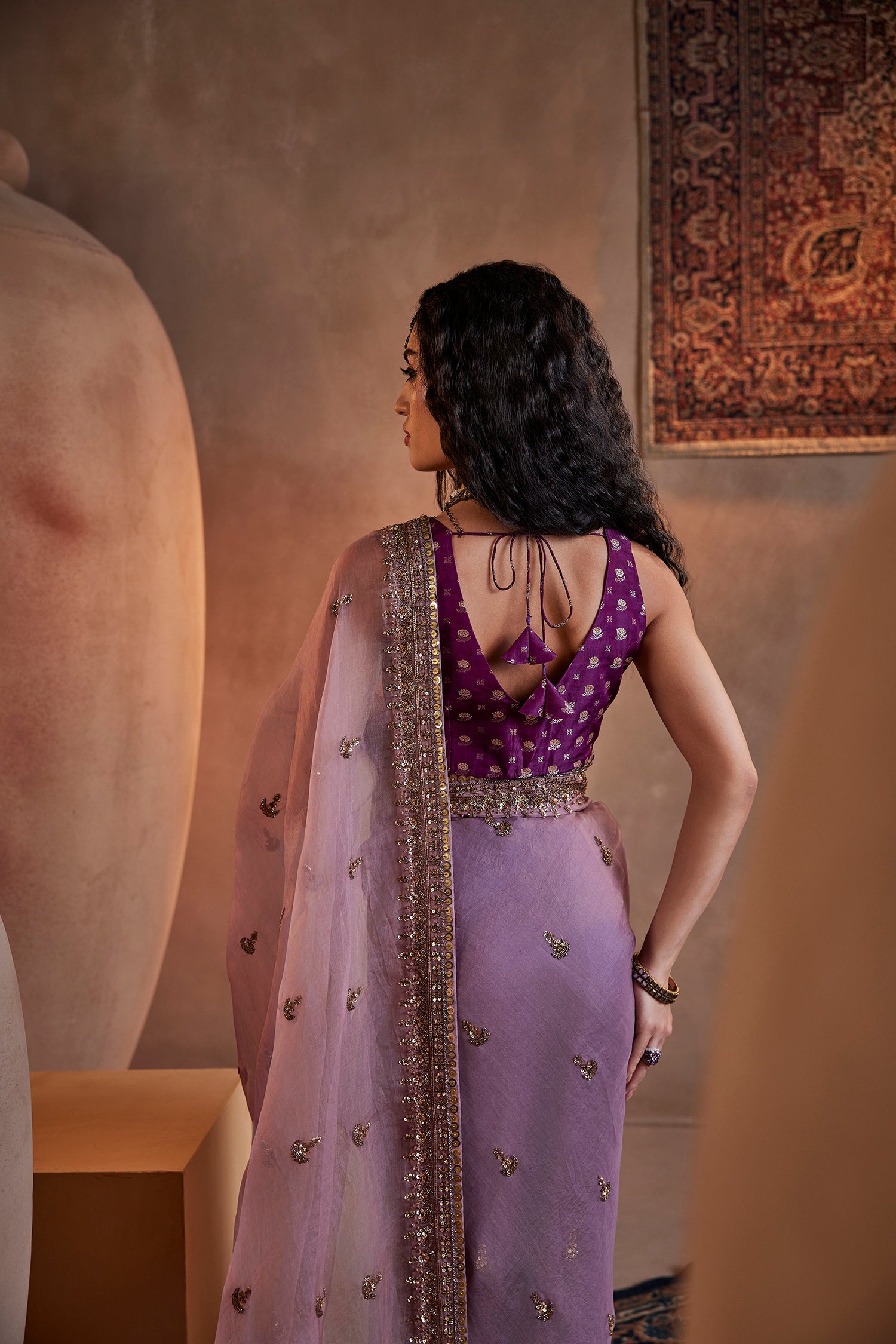 Purple Hand Embroidered Organza Saree
