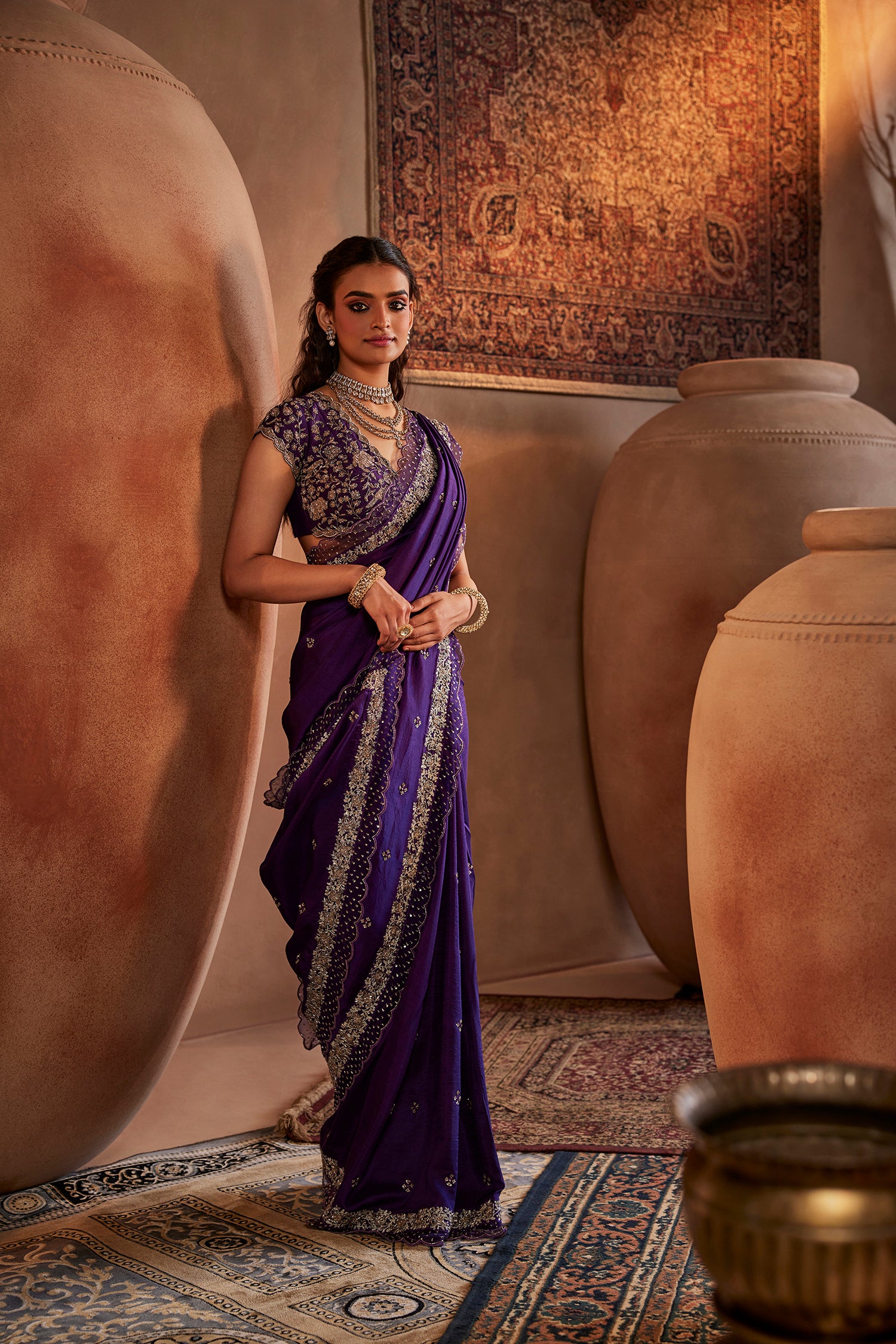 Purple Hand Embroidered Silk Saree
