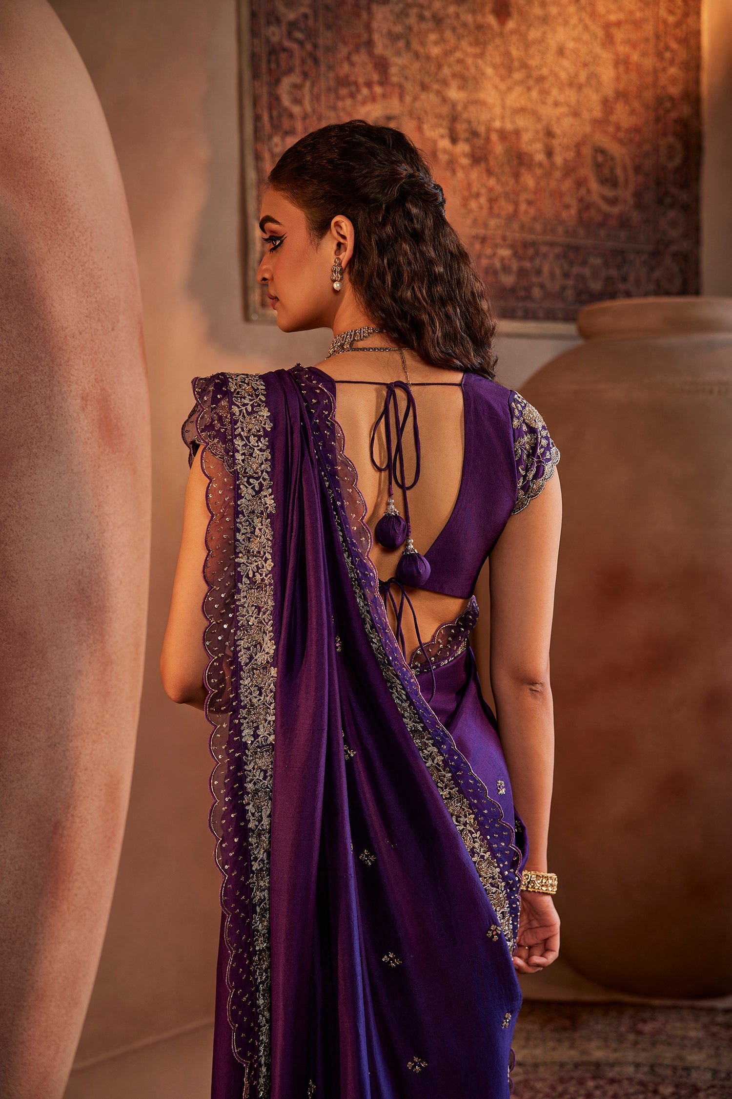 Purple Hand Embroidered Silk Saree