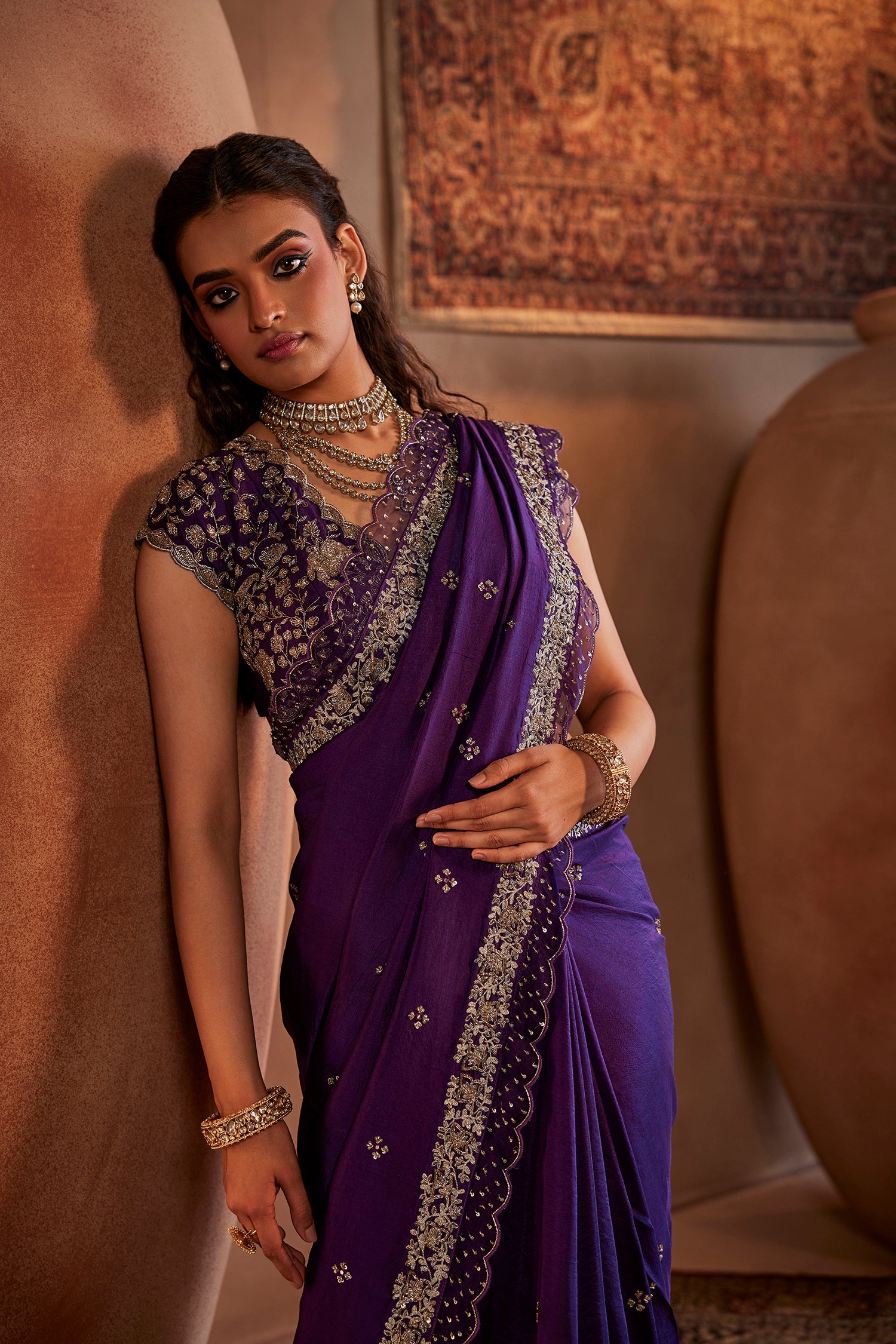Purple Hand Embroidered Silk Saree