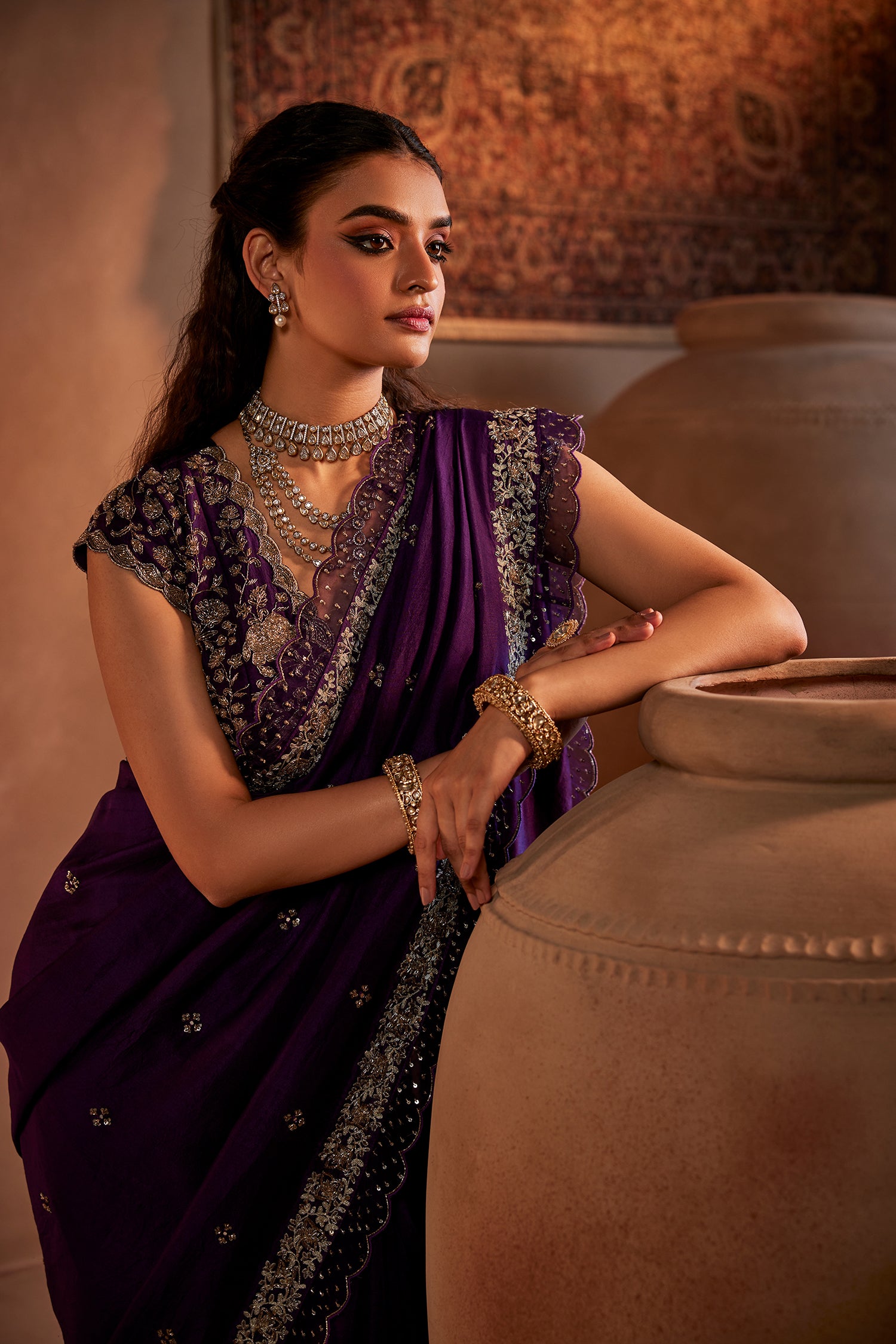 Purple Hand Embroidered Silk Saree