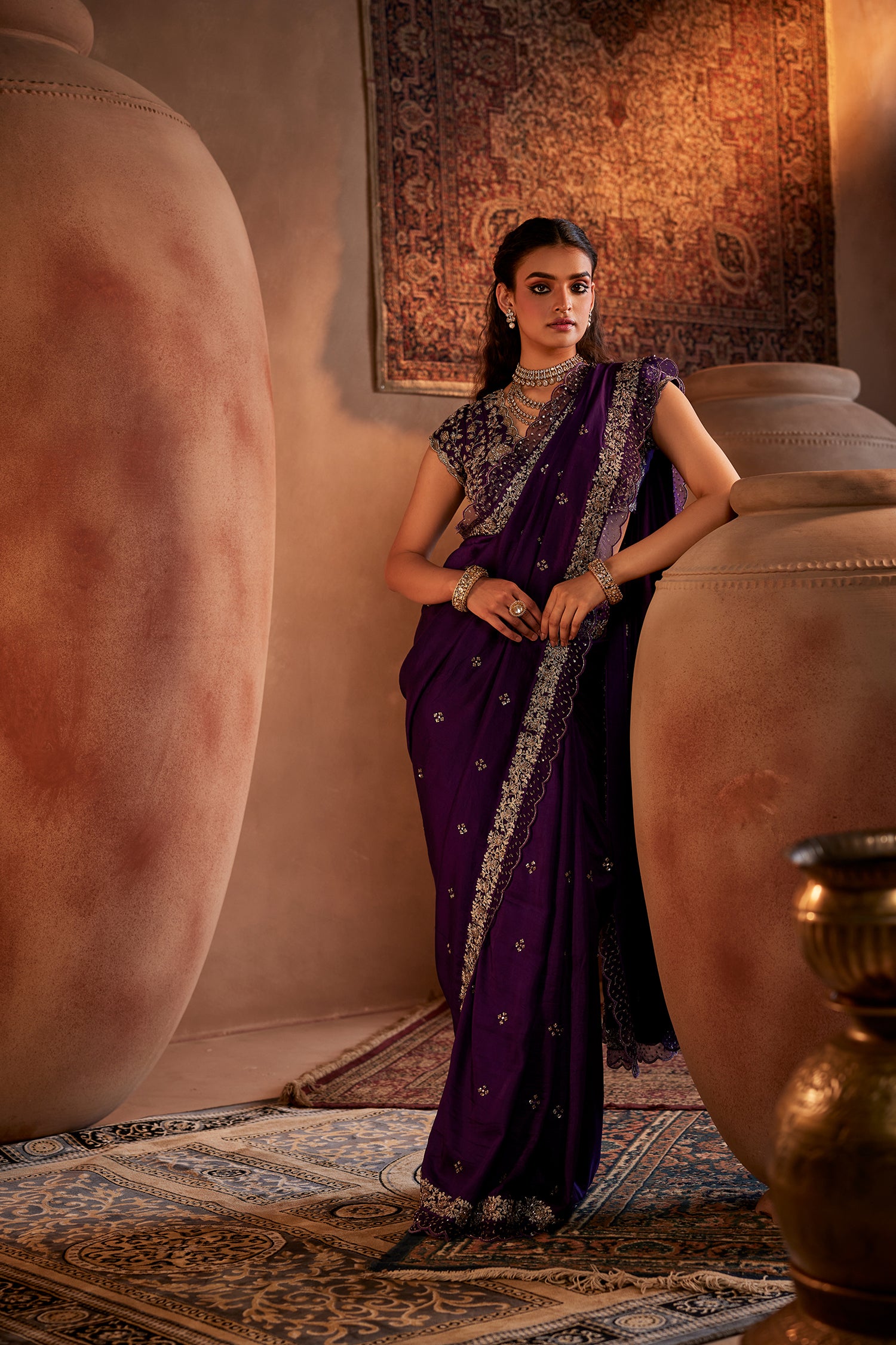 Purple Hand Embroidered Silk Saree