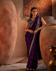 Purple Hand Embroidered Silk Saree