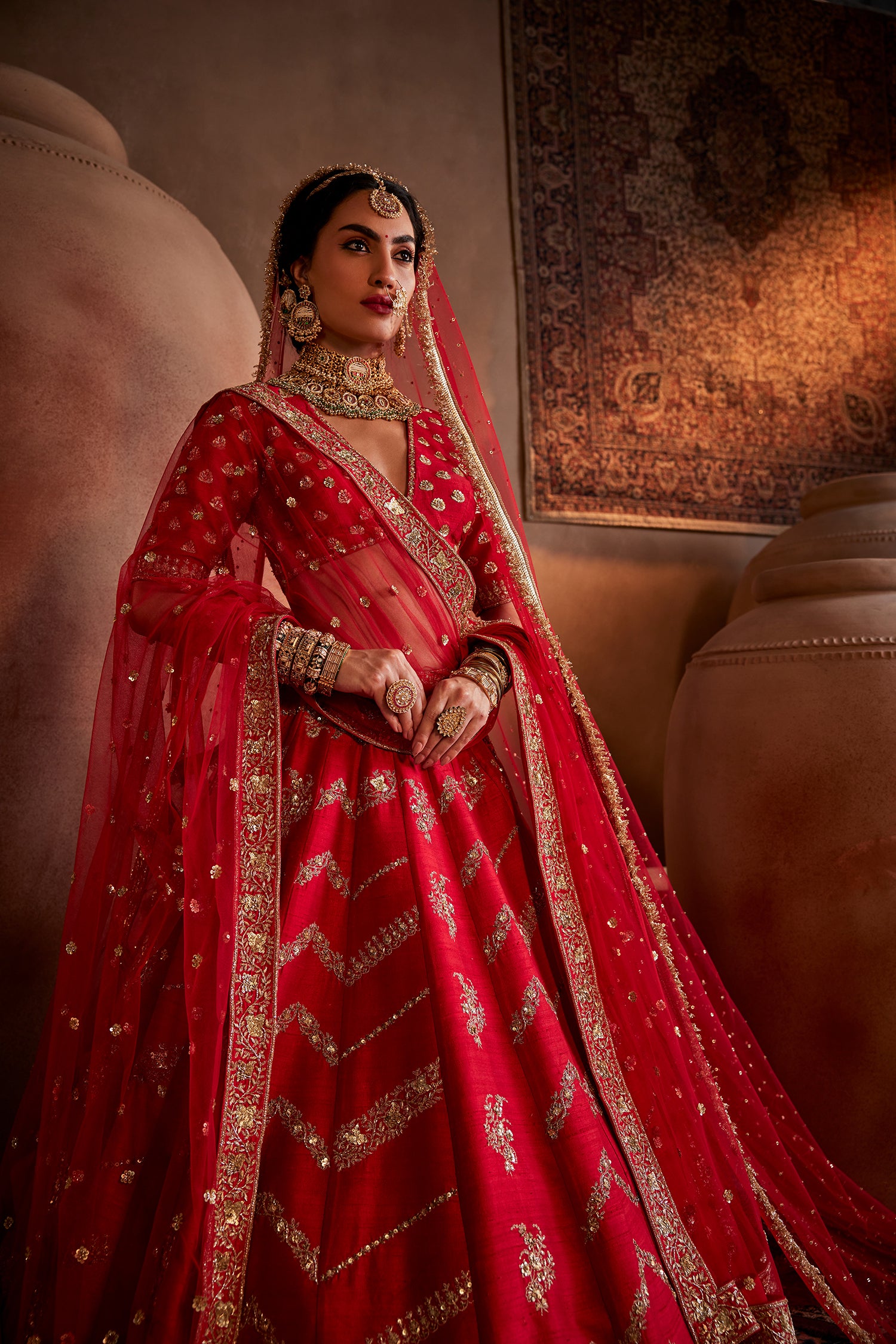 Red Hand Embroidered Lehenga Set