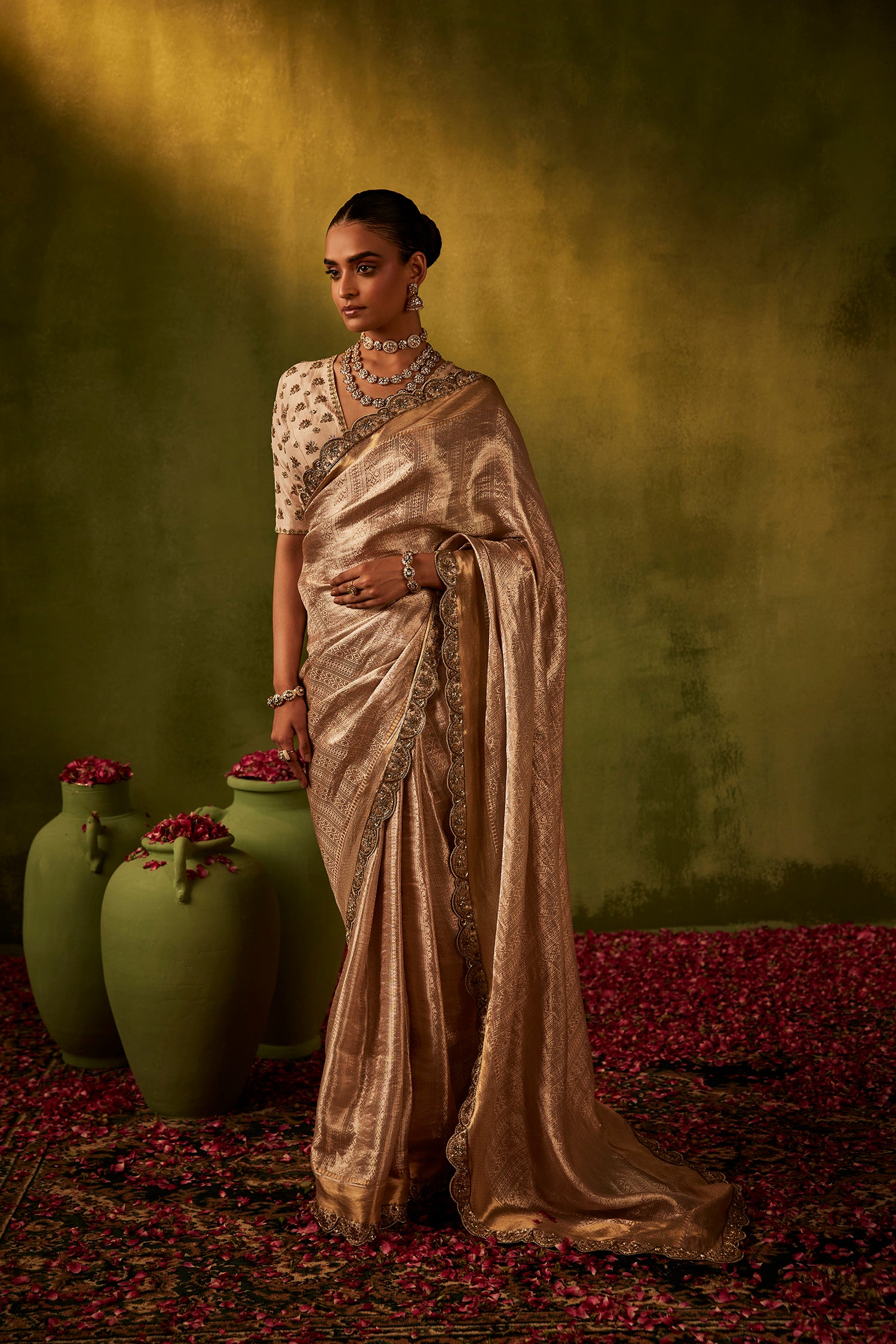 Pink Hand Embroidered Organza Tissue Saree