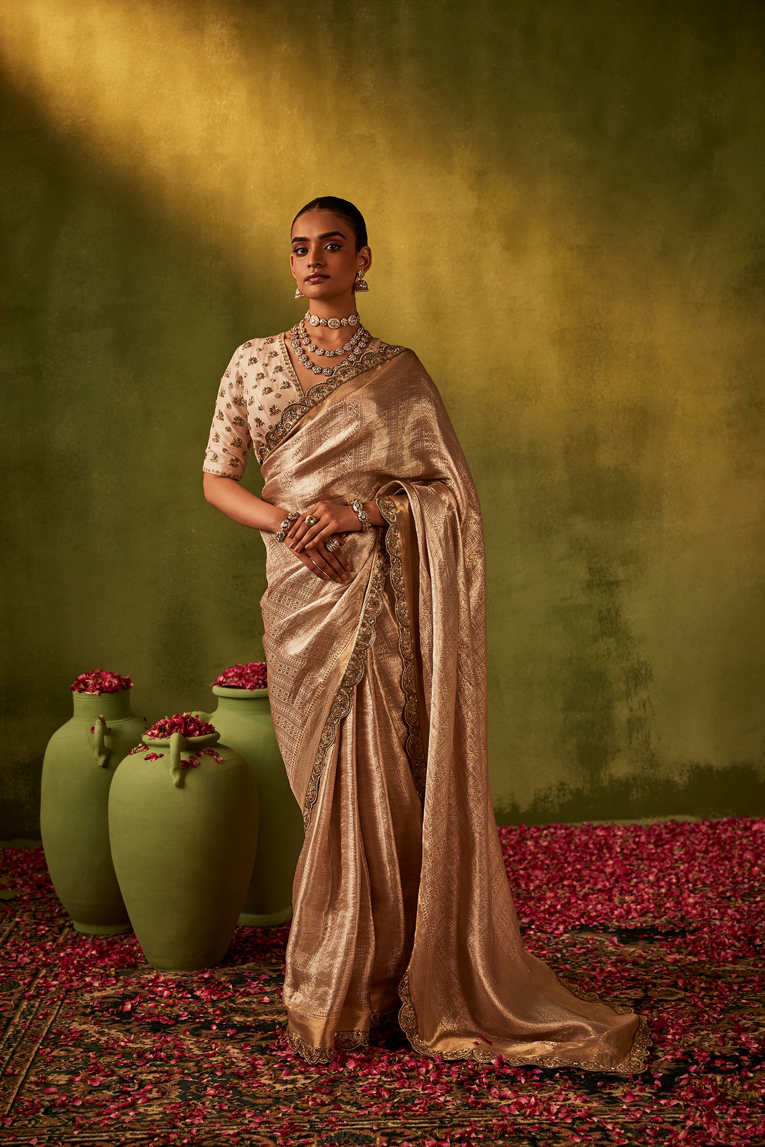 Pink Hand Embroidered Organza Tissue Saree