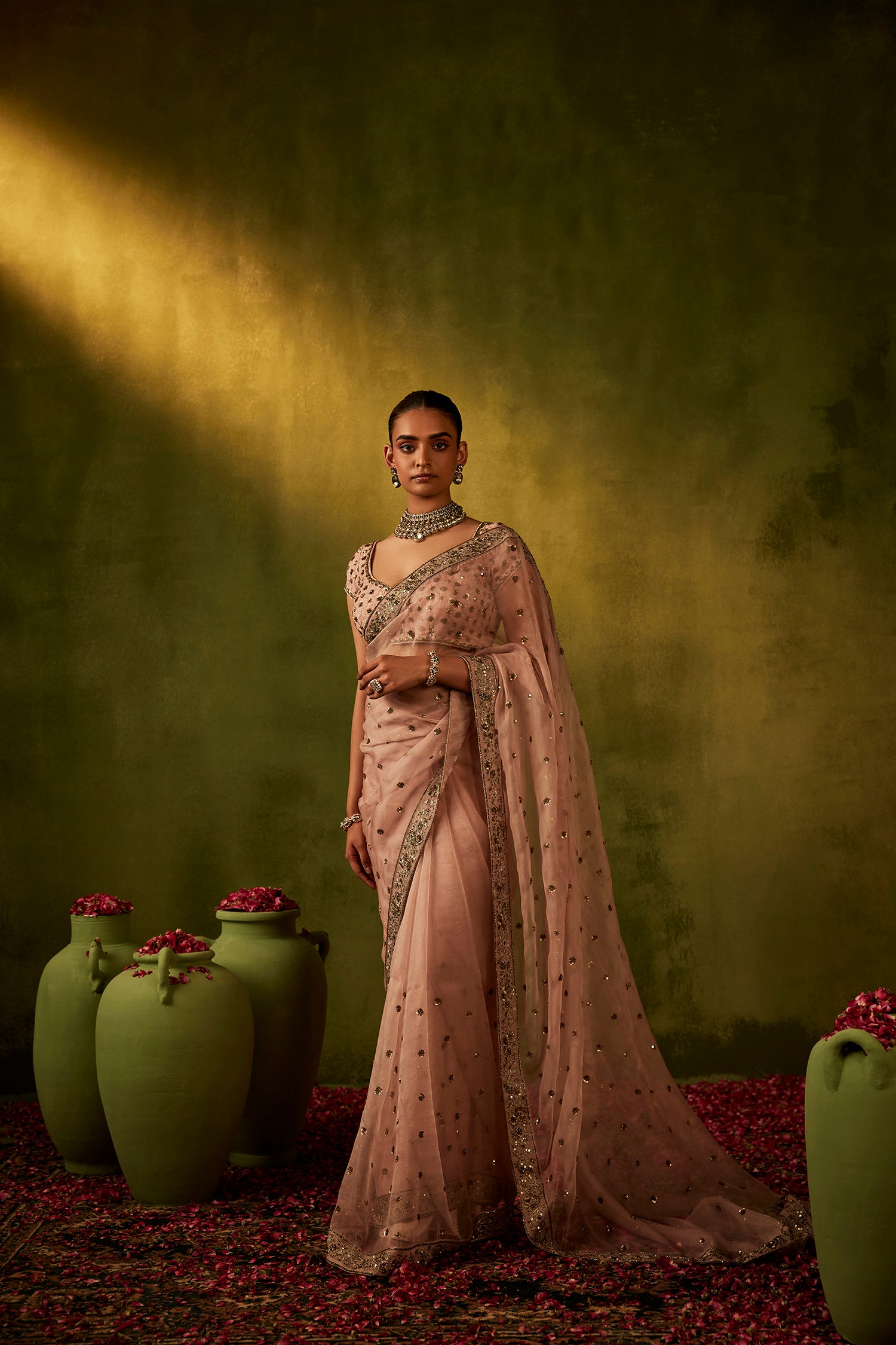 Pink Hand Embroidered Organza Saree