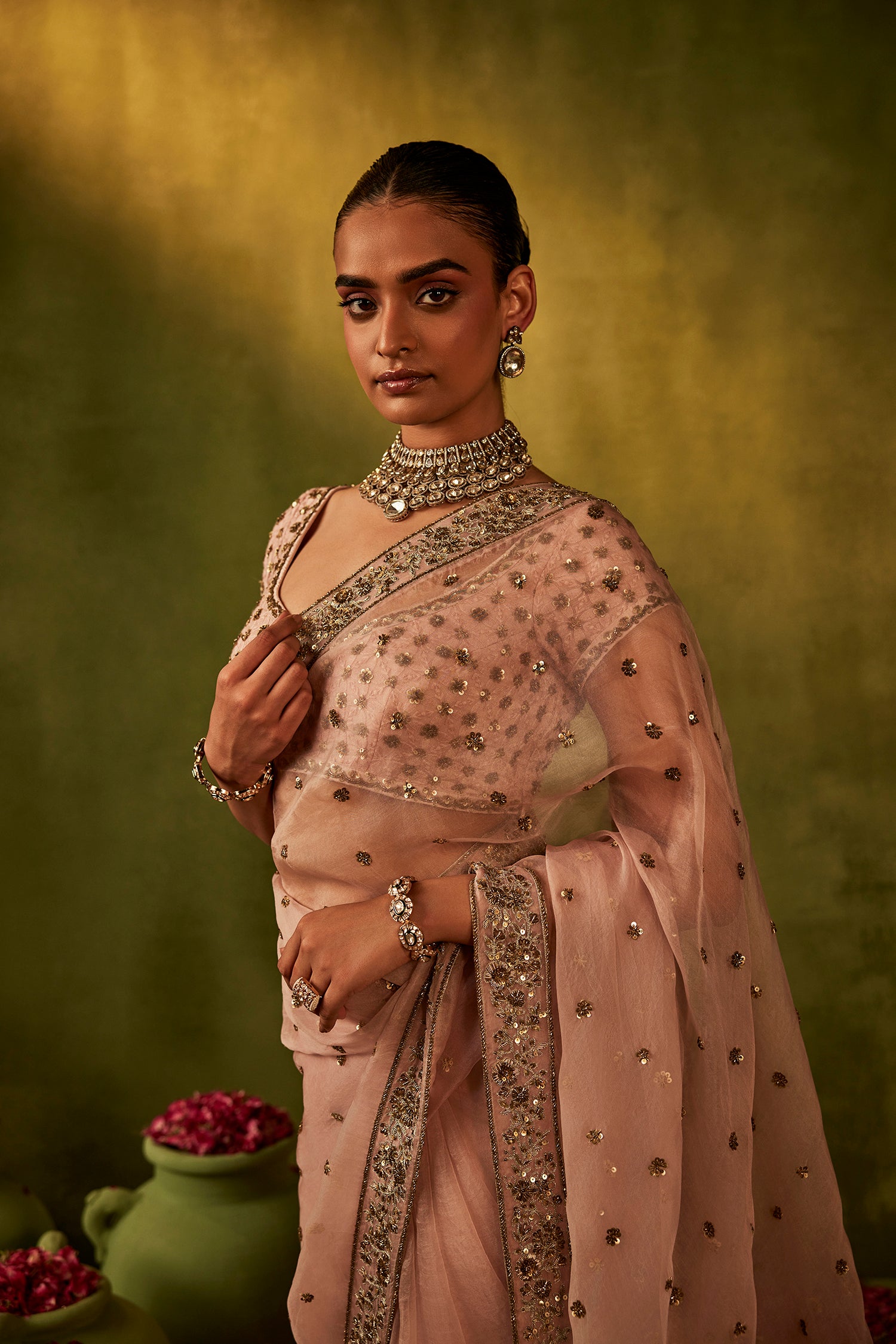 Pink Hand Embroidered Organza Saree