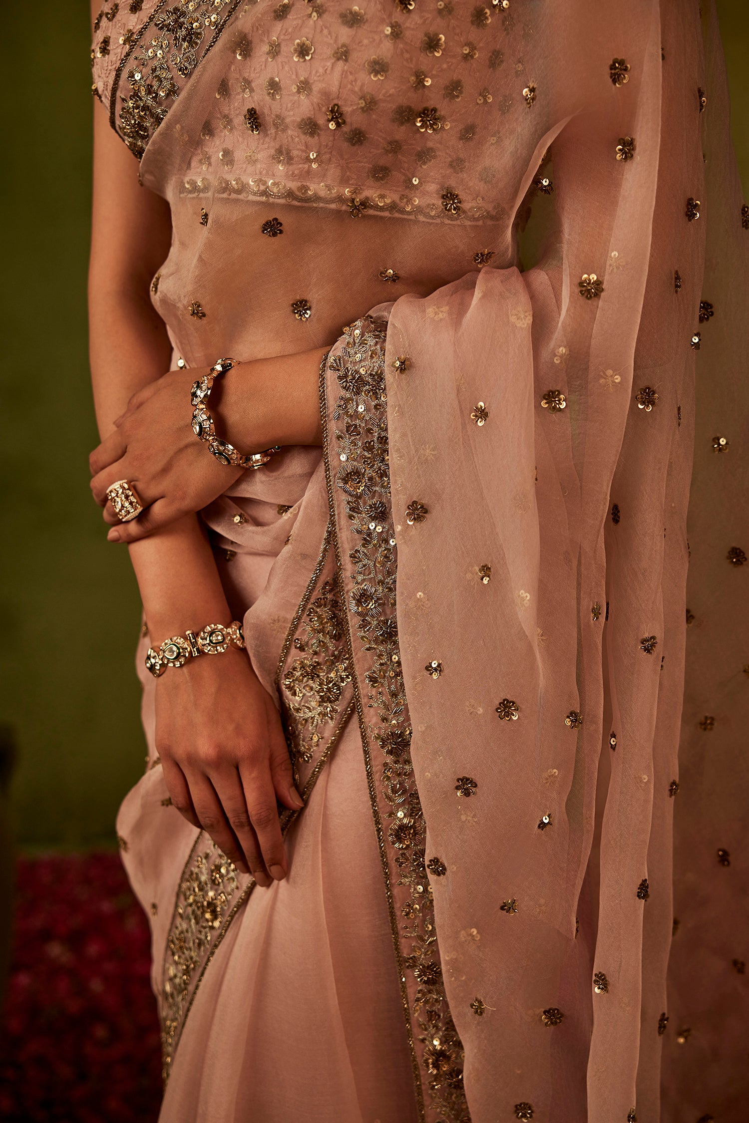 Pink Hand Embroidered Organza Saree
