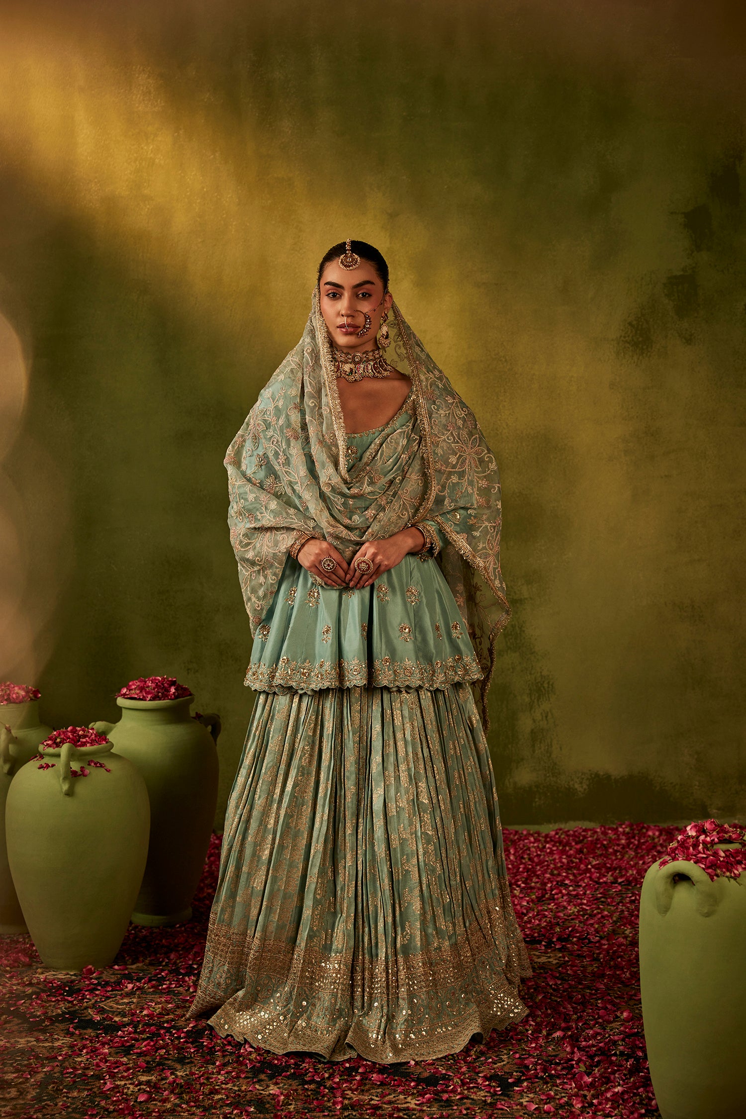 Teal Hand Embroidered Lehenga Set