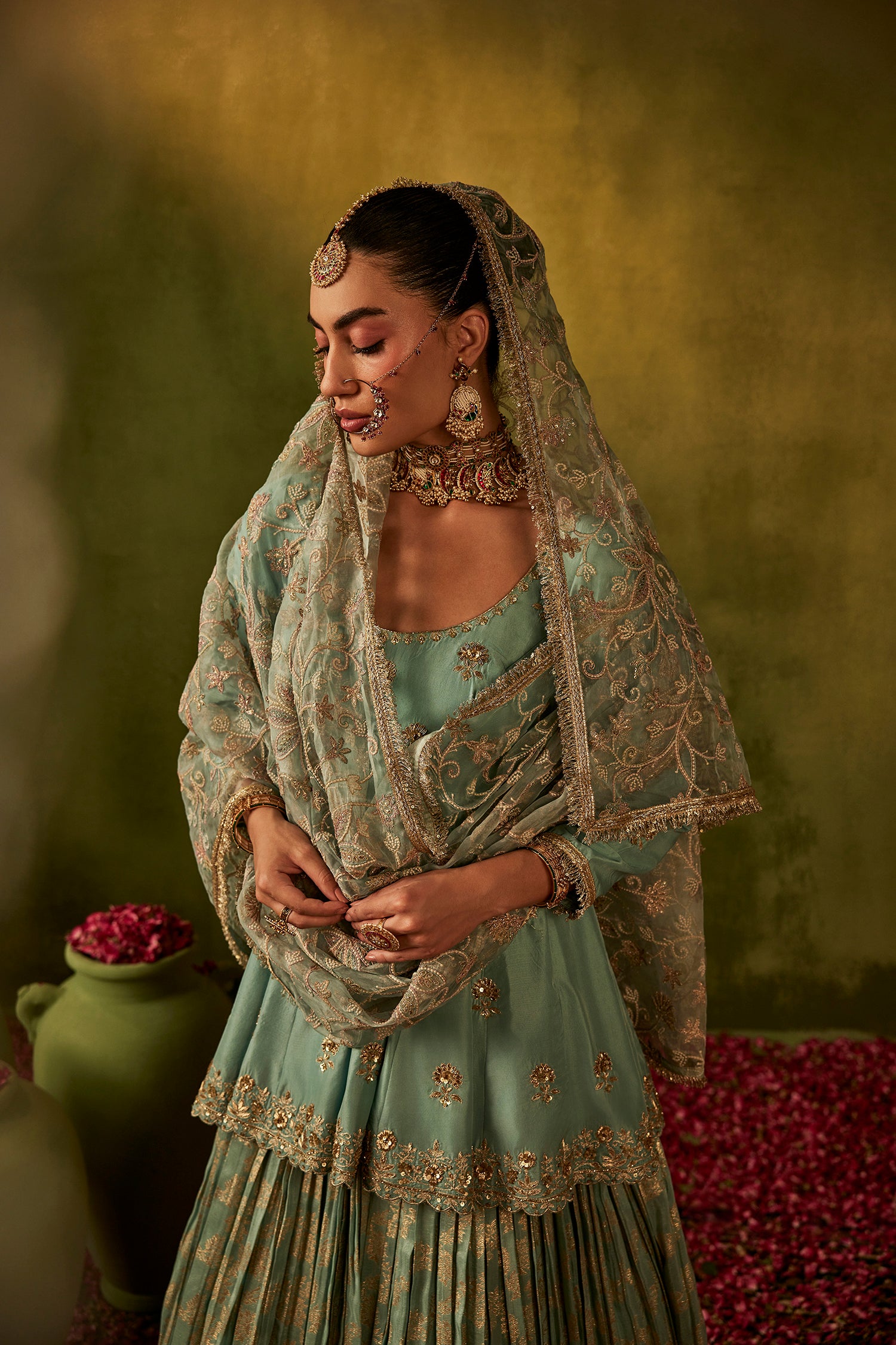 Teal Hand Embroidered Lehenga Set