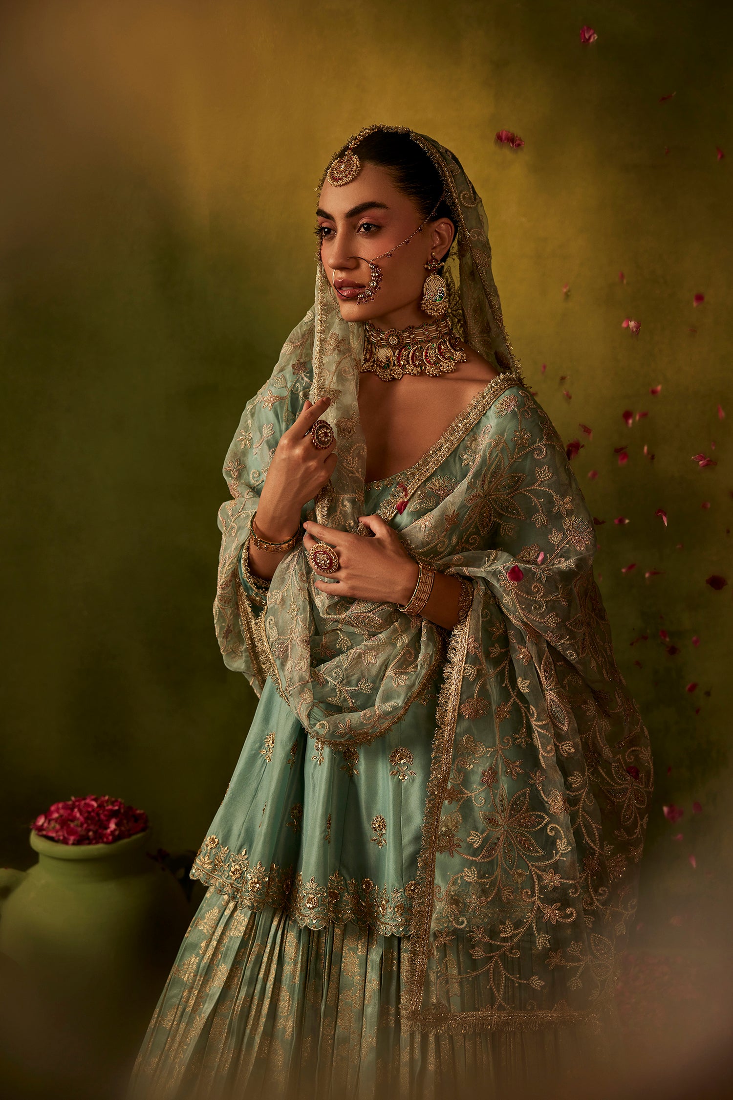 Teal Hand Embroidered Lehenga Set