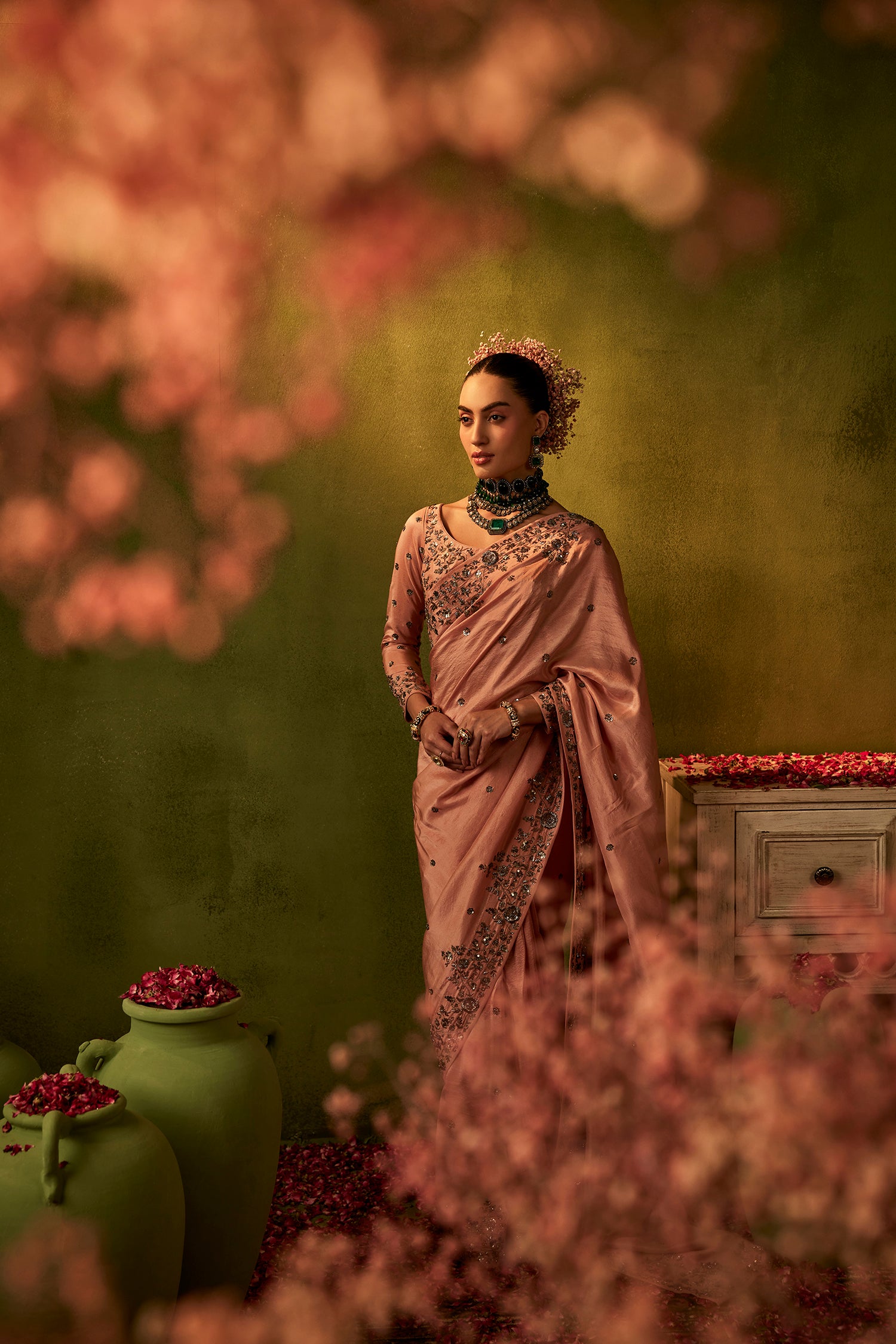 Pink Hand Embroidered Silk Saree