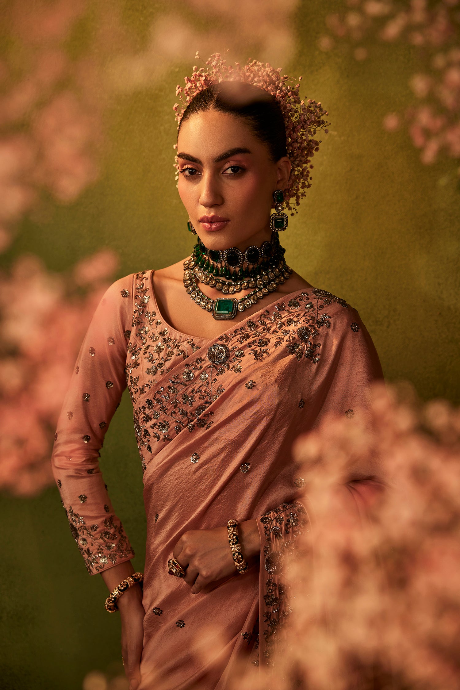 Pink Hand Embroidered Silk Saree