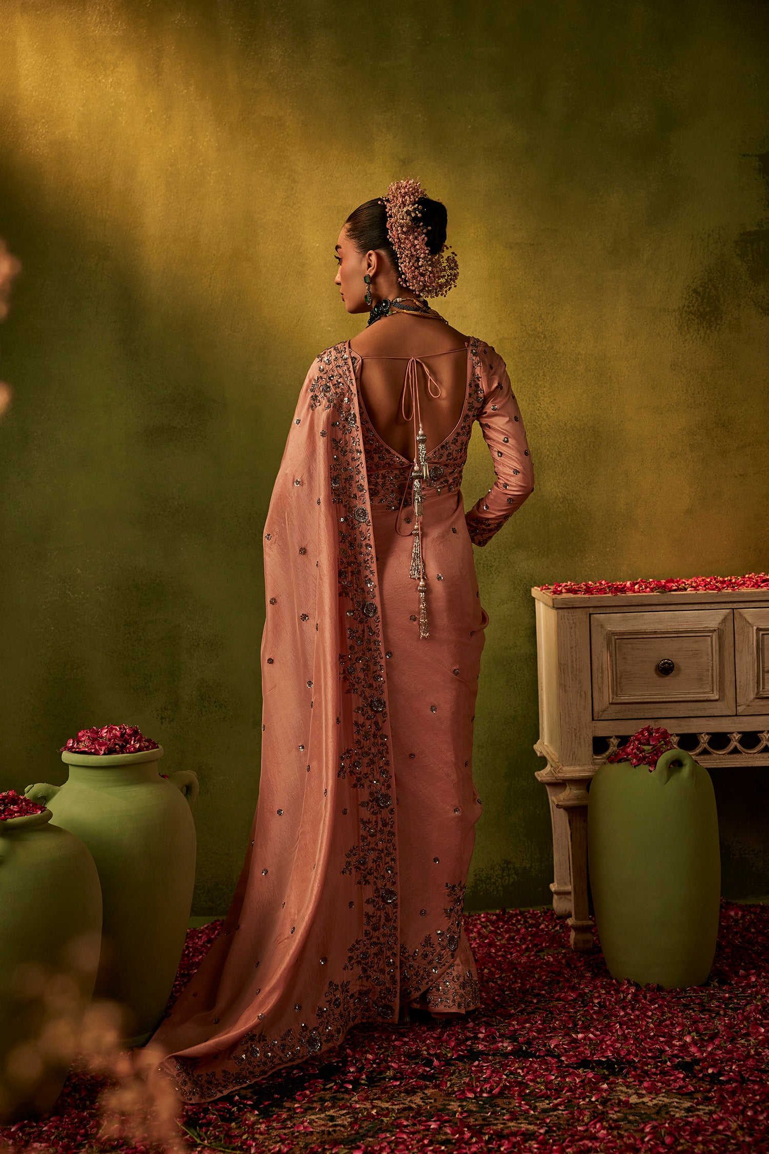 Pink Hand Embroidered Silk Saree