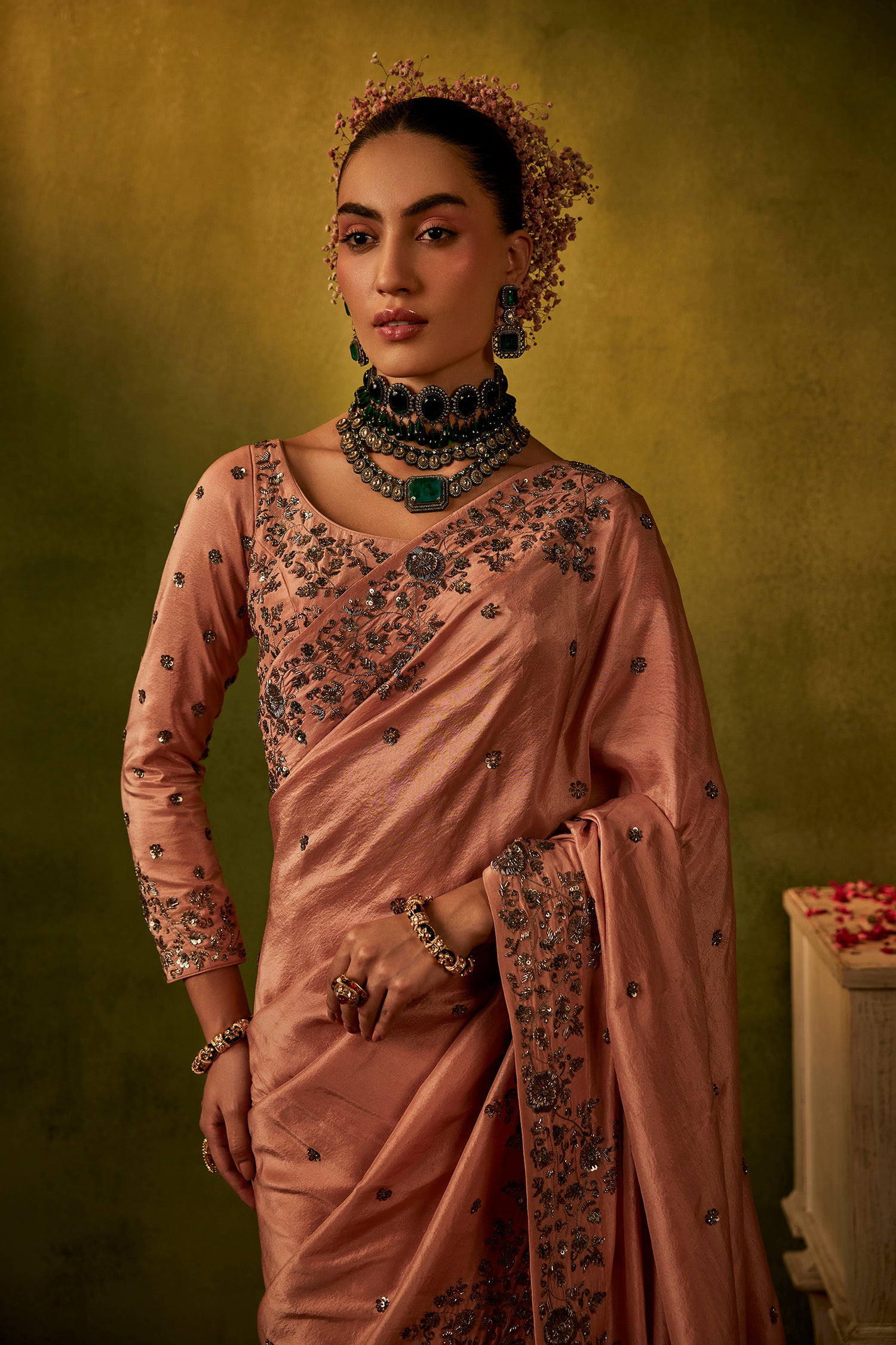 Pink Hand Embroidered Silk Saree