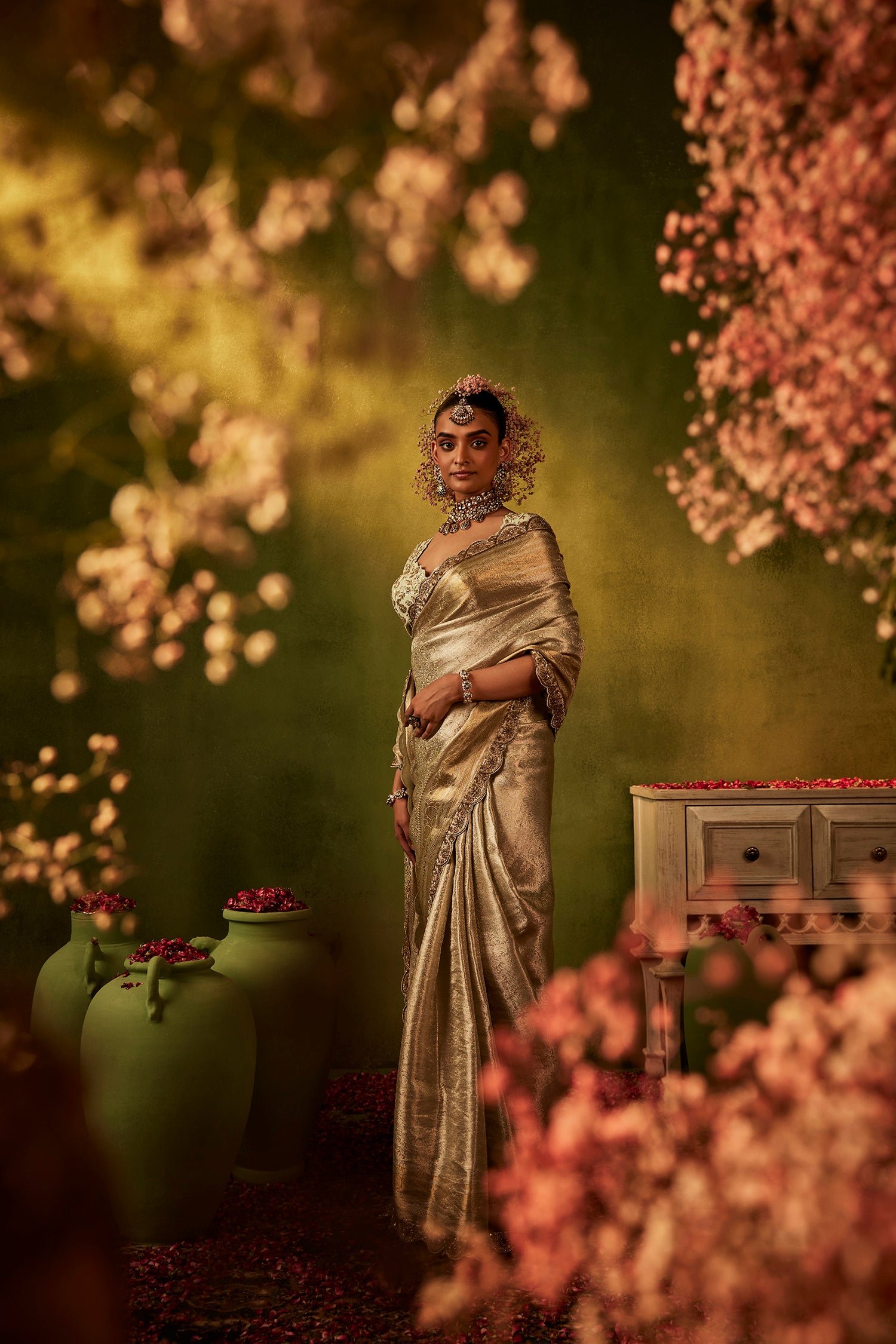 Greenish Golden Hand Embroidered Organza Tissue Saree