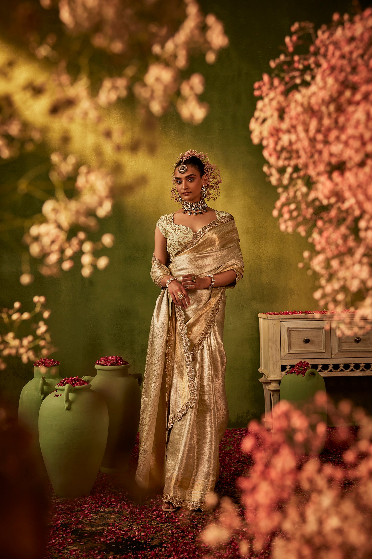 Greenish Golden Hand Embroidered Organza Tissue Saree