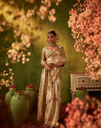 Greenish Golden Hand Embroidered Organza Tissue Saree