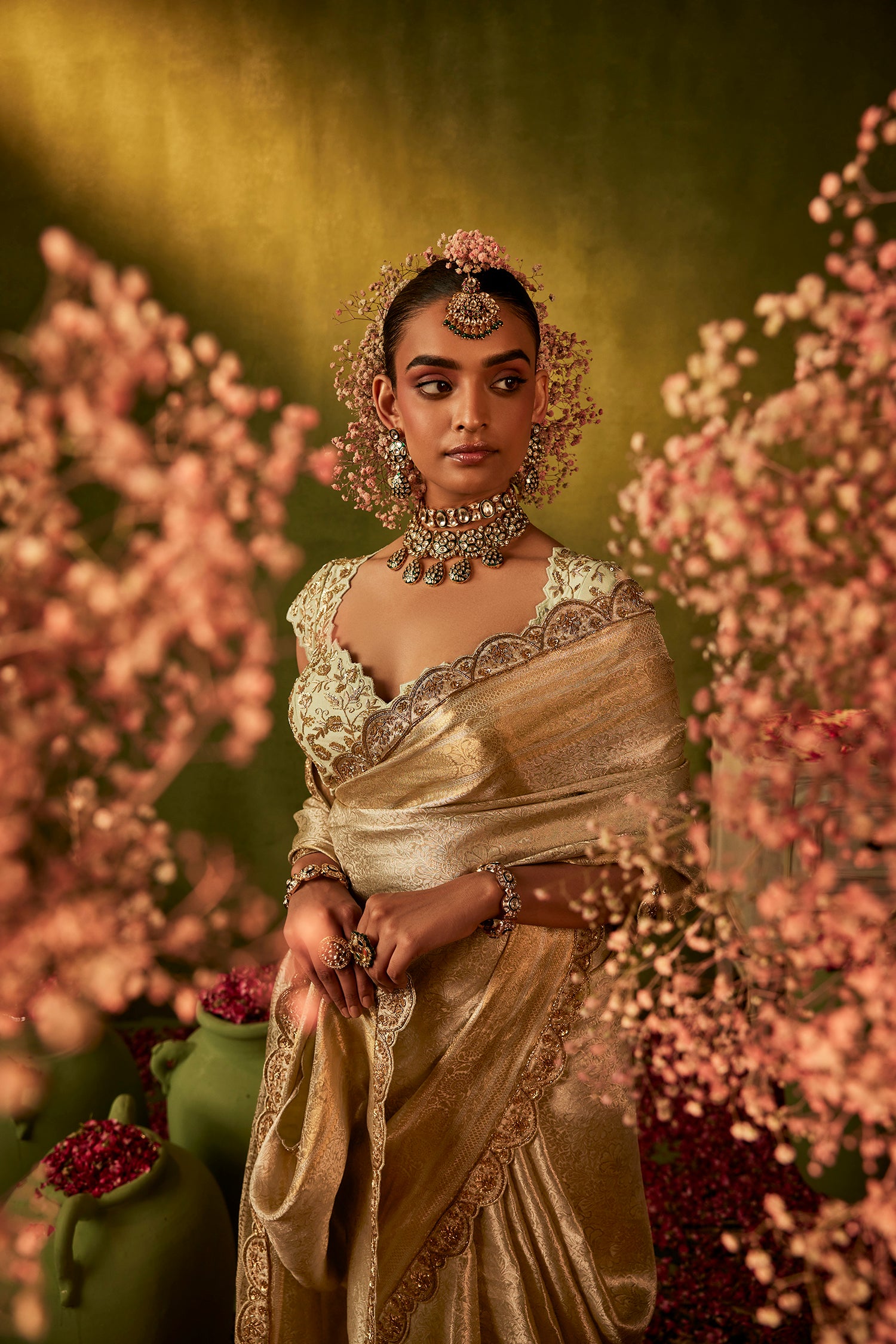 Greenish Golden Hand Embroidered Organza Tissue Saree