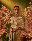 Greenish Golden Hand Embroidered Organza Tissue Saree