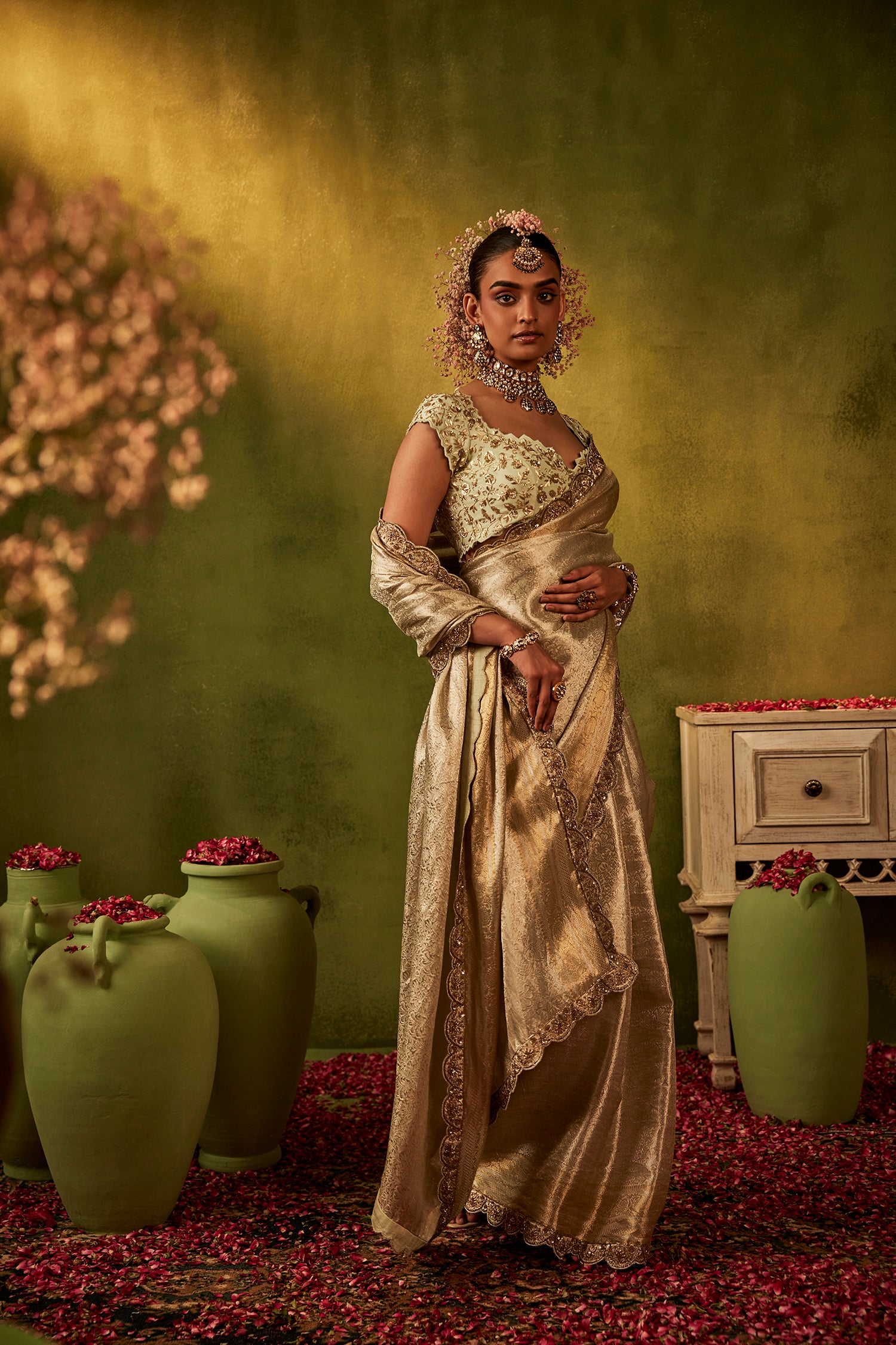 Greenish Golden Hand Embroidered Organza Tissue Saree