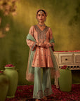 Peach and Teal Hand Embroidered Kurta Set