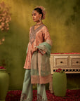Peach and Teal Hand Embroidered Kurta Set