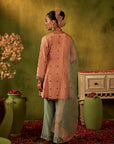 Peach and Teal Hand Embroidered Kurta Set
