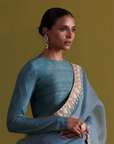 Marine Blue Hand Embrodiered Saree With Raw Silk Blouse