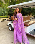 Purple Hand Embroidered Gota Patti Jaal Saree Set