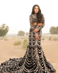 Black Fish Cut Gown With Black Trail And Decorated With Silver Embroidery