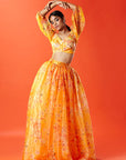 Mustard Organza Satin Floral Printed Lehenga Set