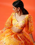 Mustard Organza Satin Floral Printed Lehenga Set
