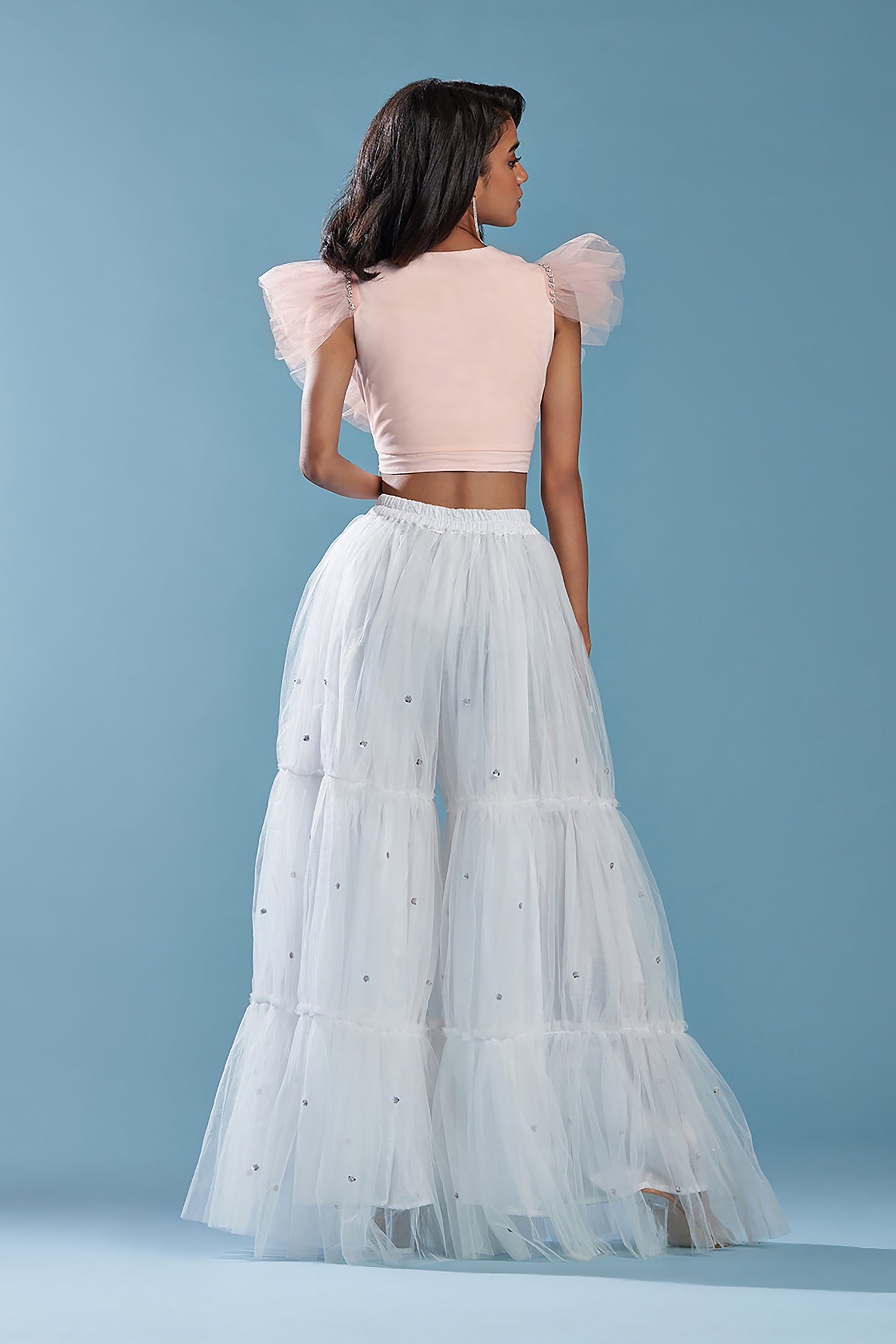 White Tulle Tiered Sharara Set