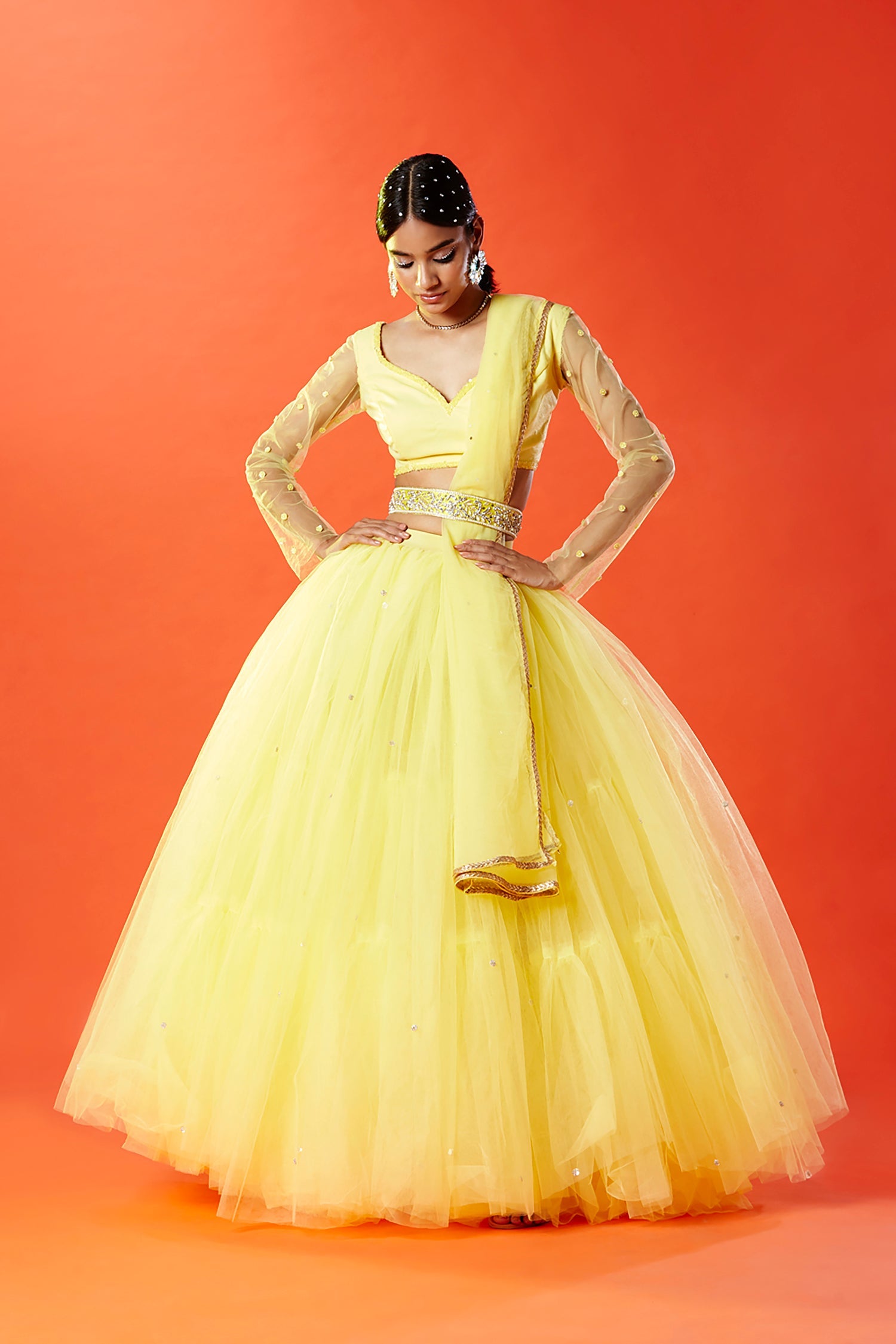 Lemon Yellow Tulle Hand Embroidered Lehenga Set