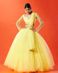 Lemon Yellow Tulle Hand Embroidered Lehenga Set