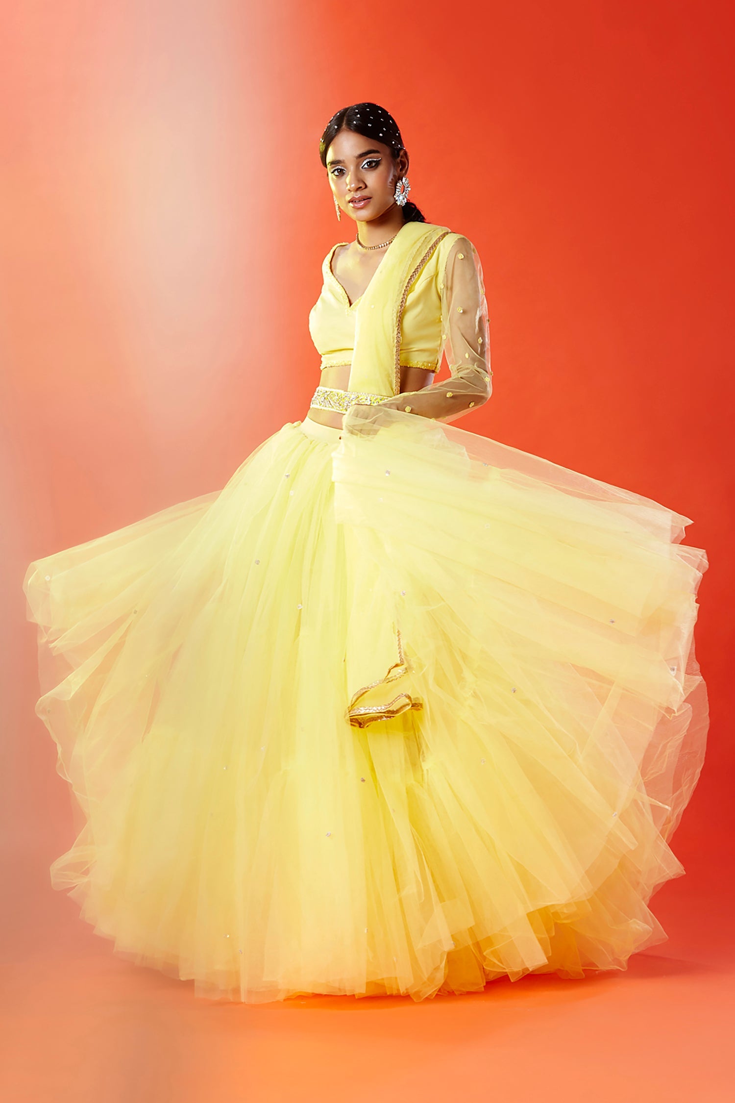 Lemon Yellow Tulle Hand Embroidered Lehenga Set