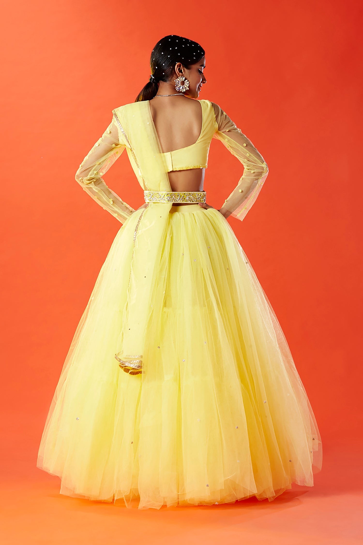 Lemon Yellow Tulle Hand Embroidered Lehenga Set