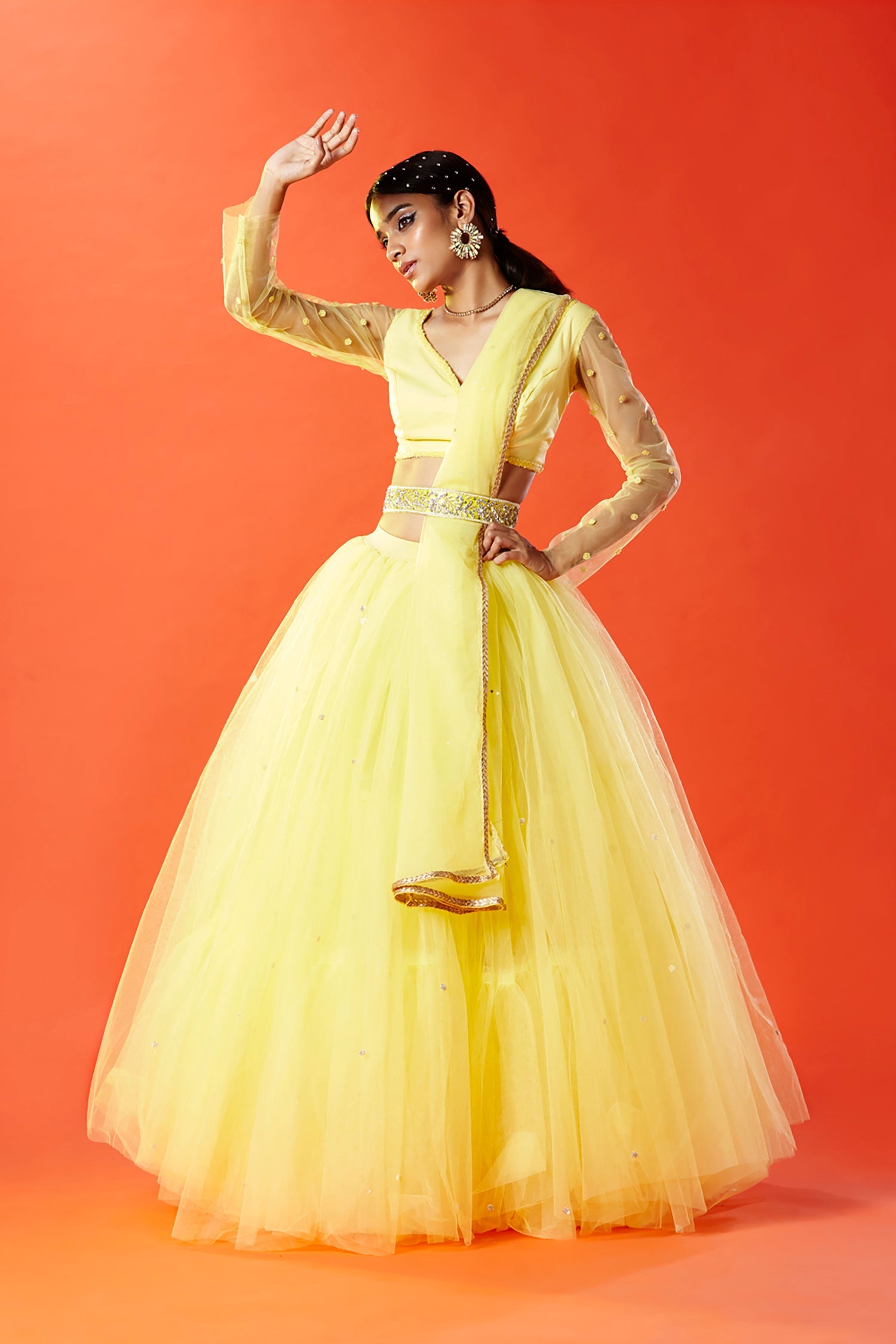 Lemon Yellow Tulle Hand Embroidered Lehenga Set