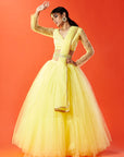 Lemon Yellow Tulle Hand Embroidered Lehenga Set