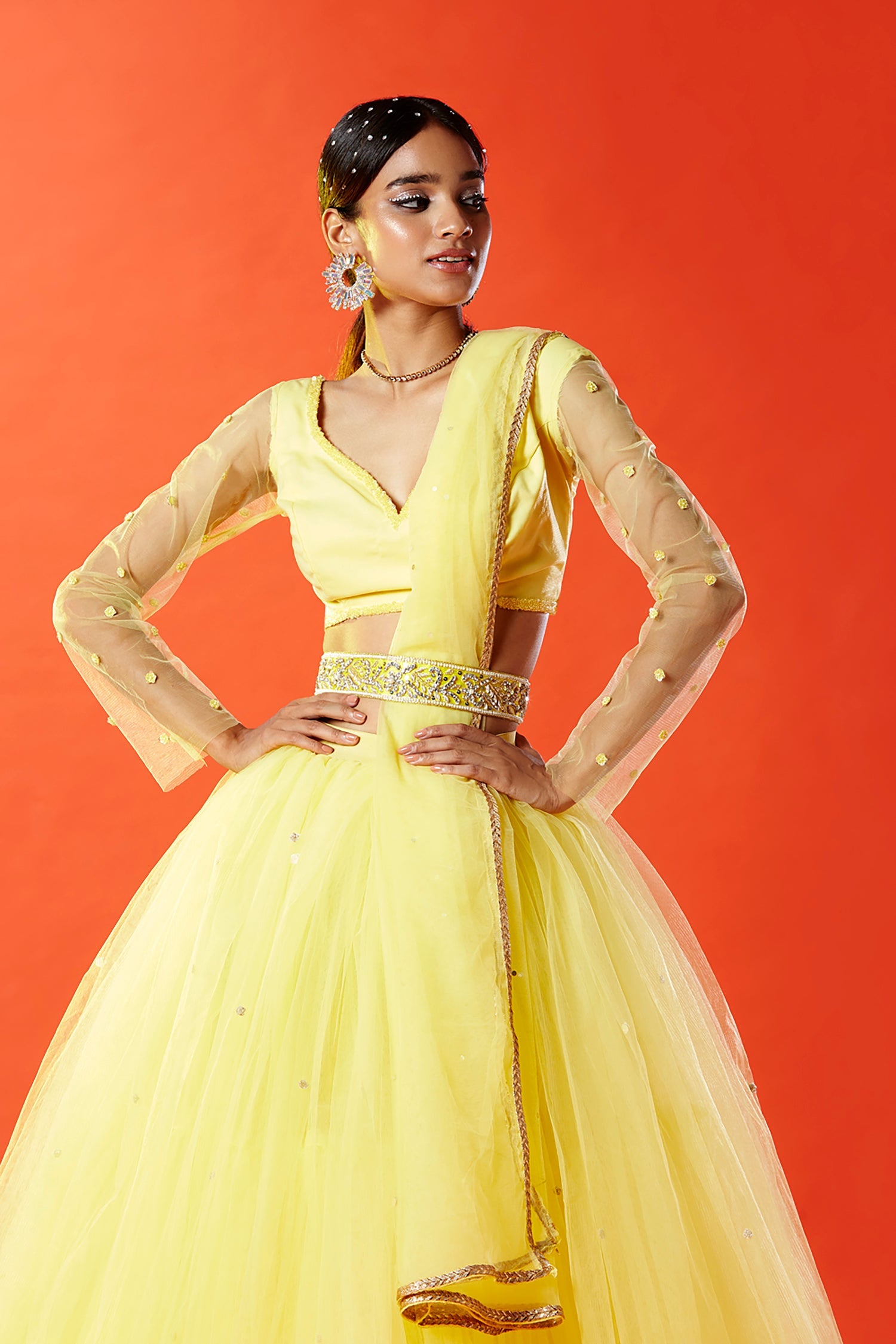 Lemon Yellow Tulle Hand Embroidered Lehenga Set
