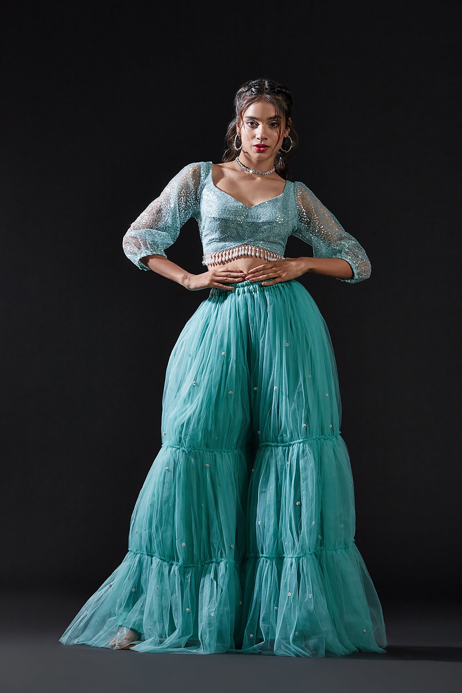 Blue Mesh & Tulle Embellished Sharara Set