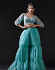 Blue Mesh & Tulle Embellished Sharara Set