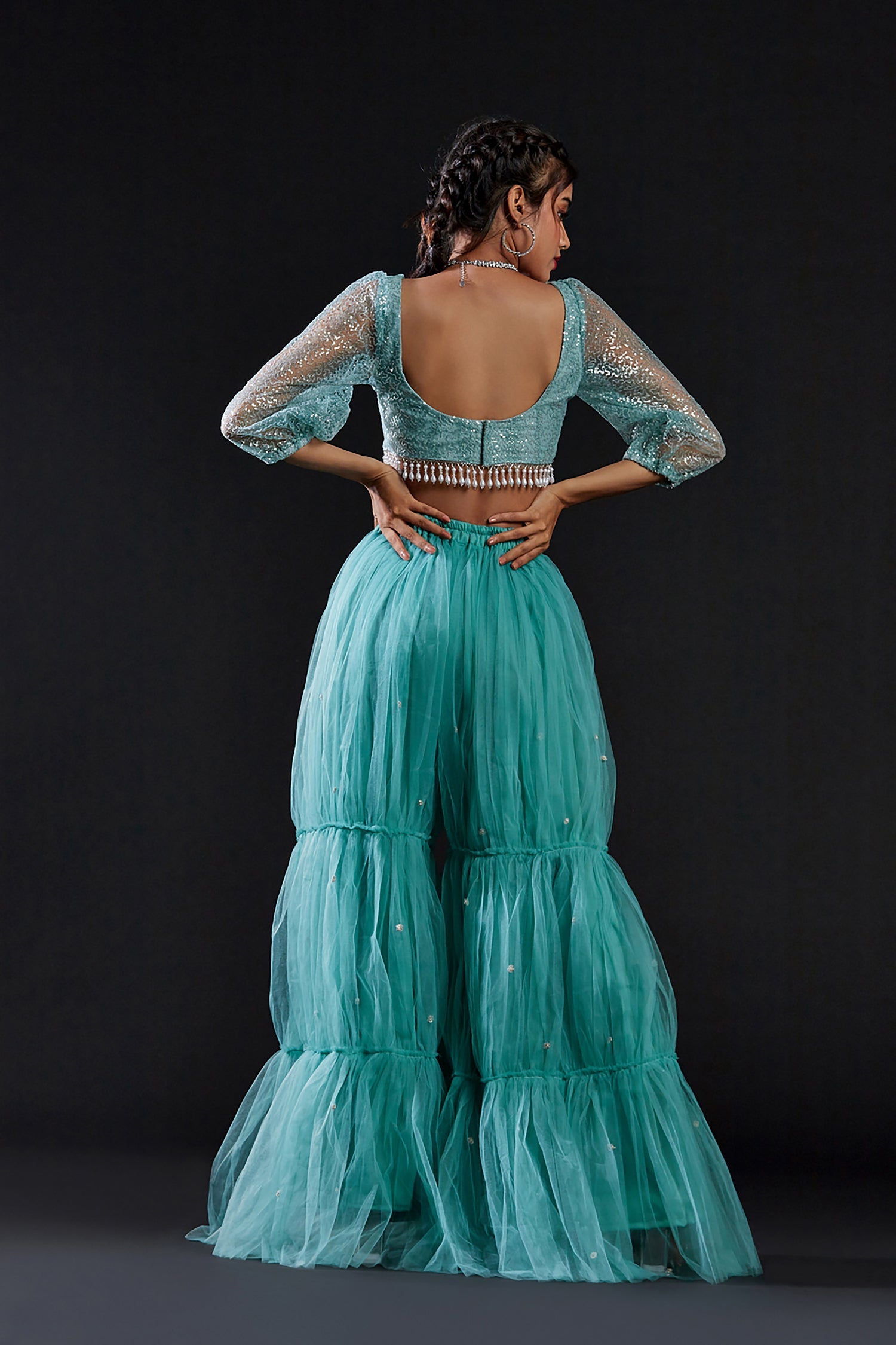 Blue Mesh & Tulle Embellished Sharara Set