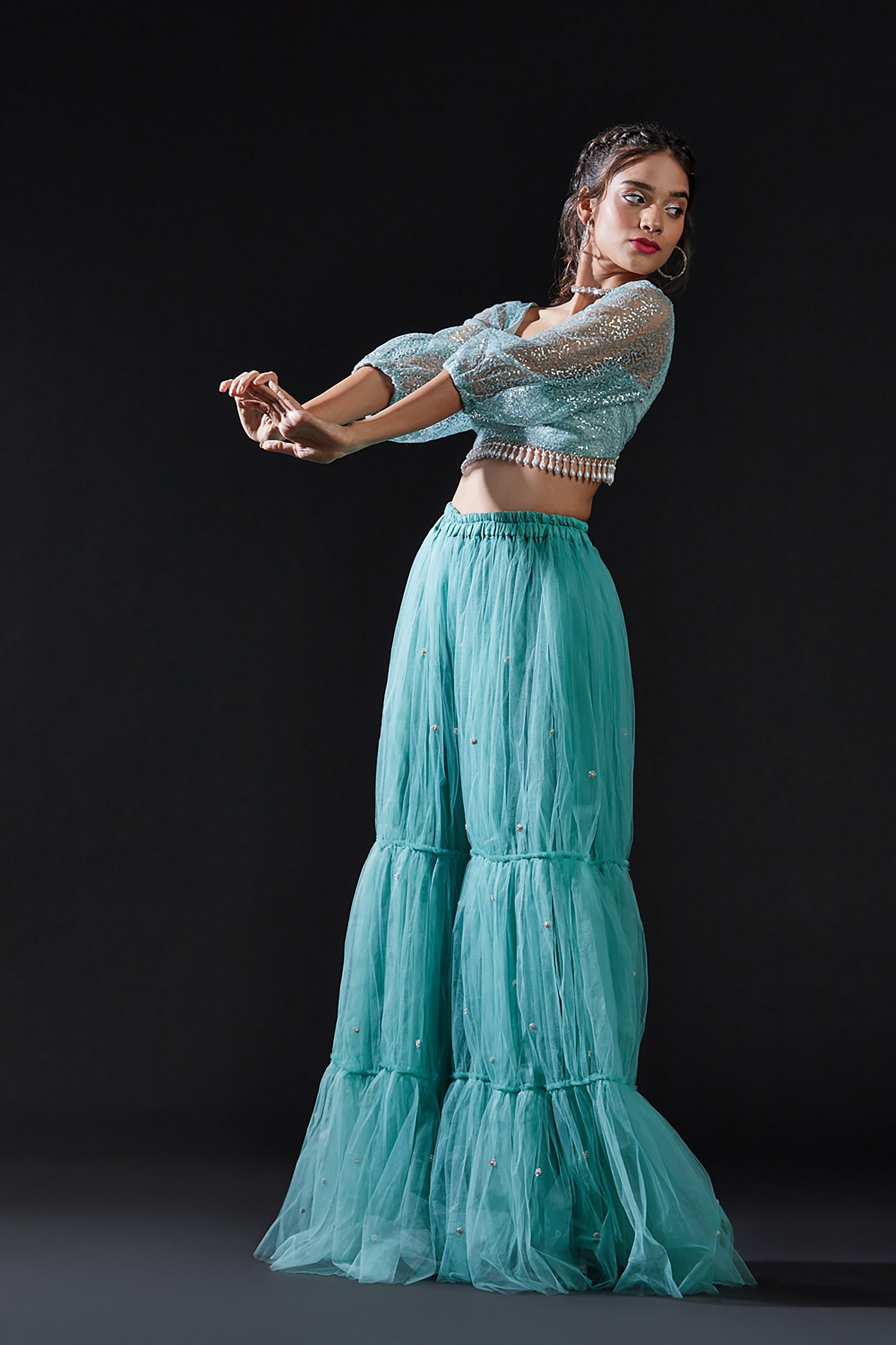 Blue Mesh & Tulle Embellished Sharara Set