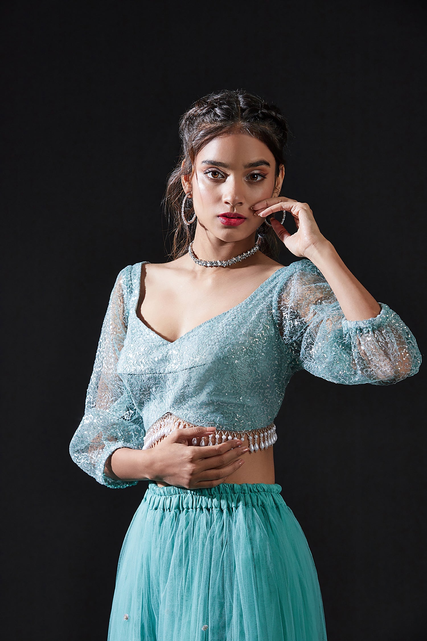 Blue Mesh & Tulle Embellished Sharara Set