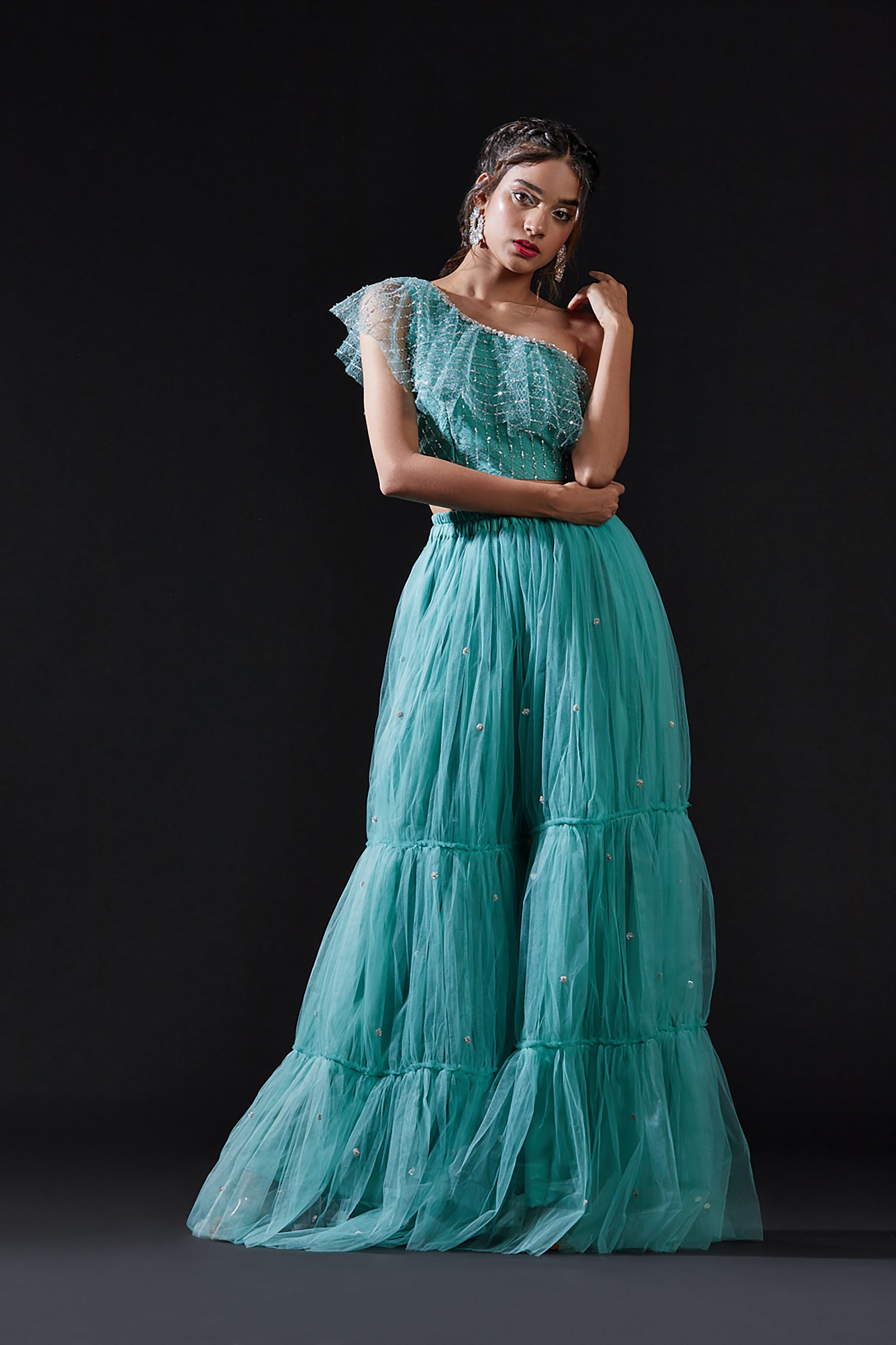 Blue Mesh & Tulle Embellished Sharara Set